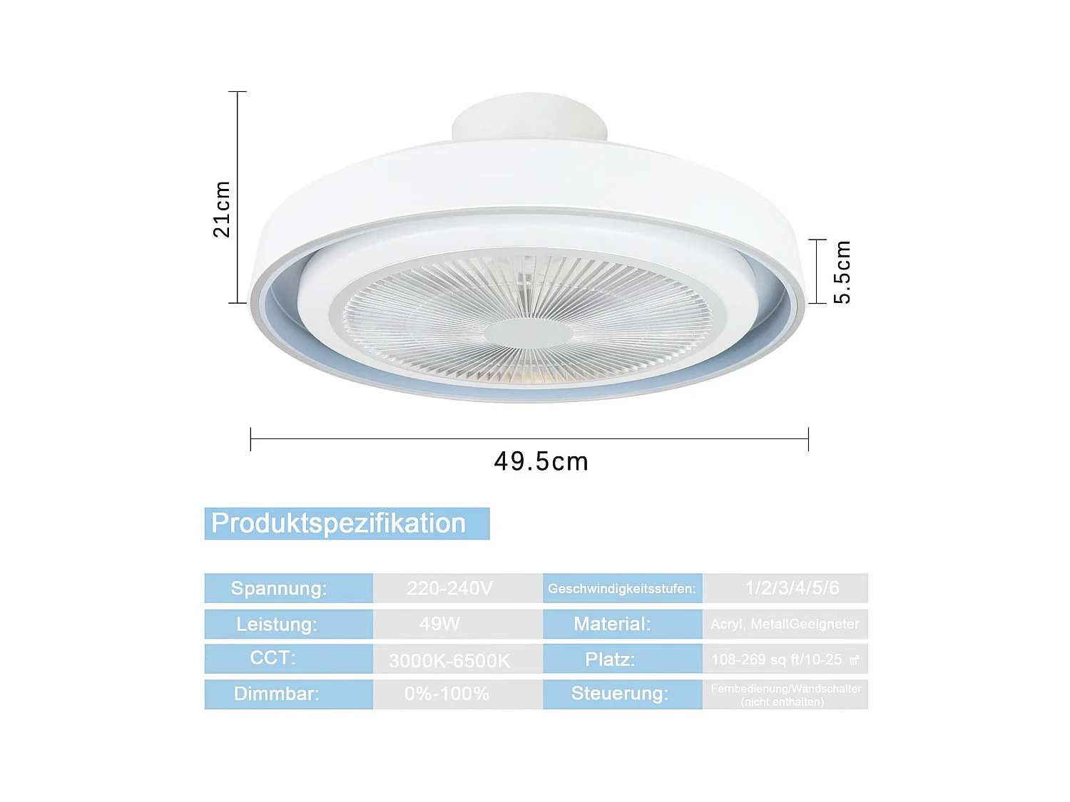 NETTLIFE Deckenventilator mit LED-Beleuchtung und Fernbedienung – Moderne Deckenleuchte, leise, dimmbar, 5-Flügel-Licht