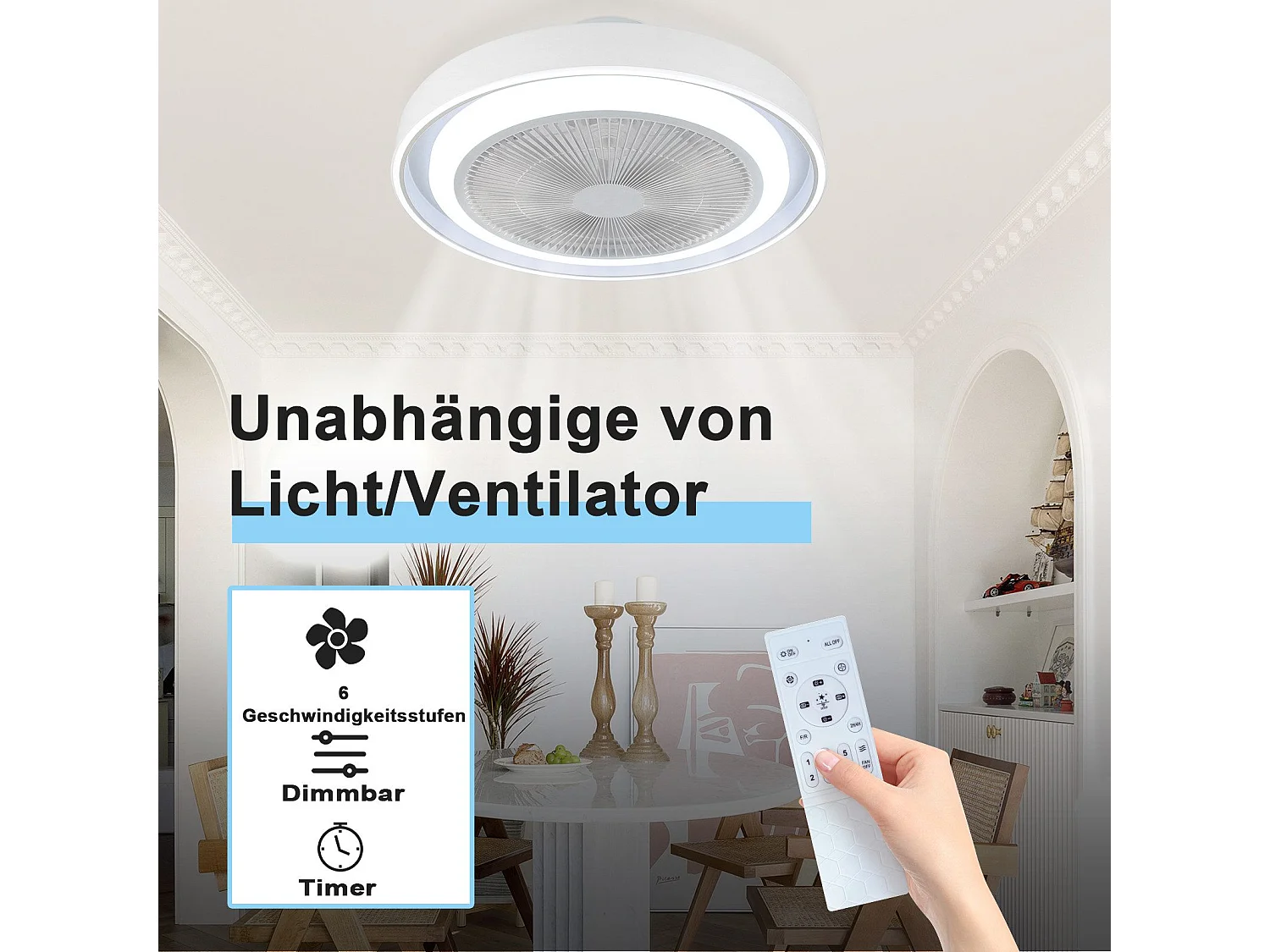 NETTLIFE Ventilateur de plafond avec éclairage LED et télécommande - Lampe plafonnier moderne, silencieux, dimmable, 5 pales lumineuses
