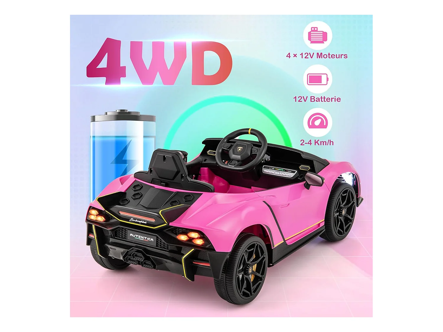 12V Lamborghini Voiture Électrique Enfants avec Télécommande & Portes Hydrauliques, Véhicule Électrique avec LED & Musique, 2-4km/h, Max 30kg pour 3-8 Ans (Rose)