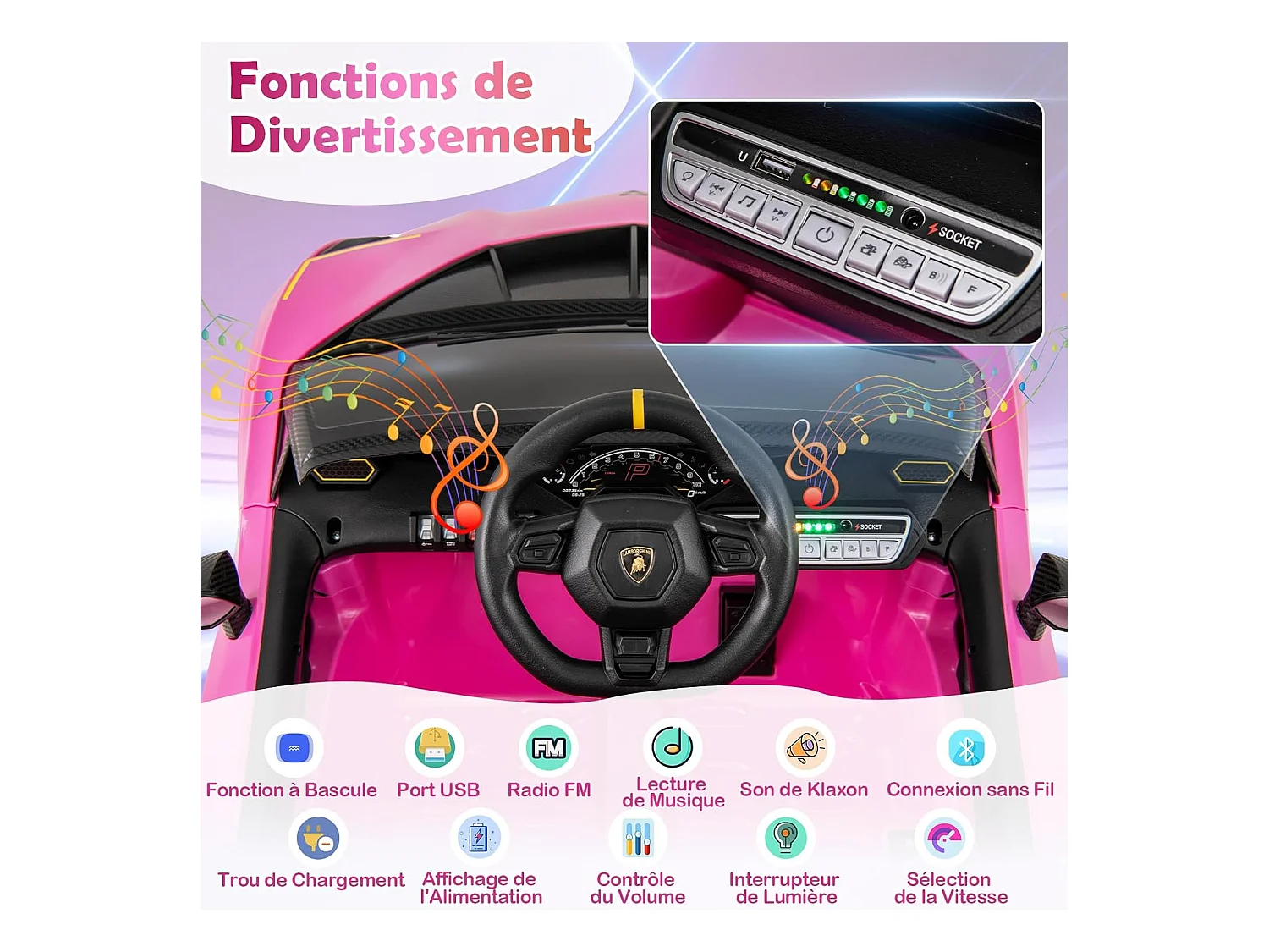 12V Lamborghini Voiture Électrique Enfants avec Télécommande & Portes Hydrauliques, Véhicule Électrique avec LED & Musique, 2-4km/h, Max 30kg pour 3-8 Ans (Rose)