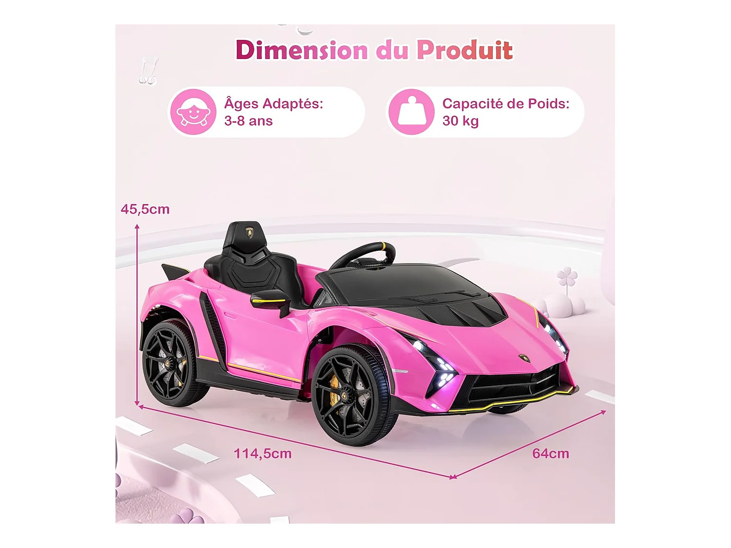 12V Lamborghini Voiture Électrique Enfants avec Télécommande & Portes Hydrauliques, Véhicule Électrique avec LED & Musique, 2-4km/h, Max 30kg pour 3-8 Ans (Rose)