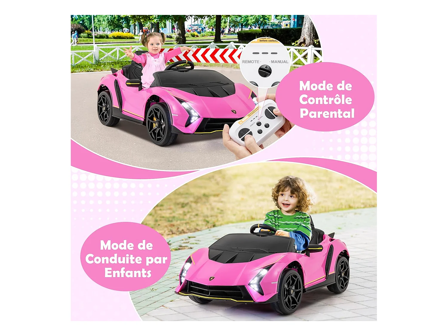 12V Lamborghini Voiture Électrique Enfants avec Télécommande & Portes Hydrauliques, Véhicule Électrique avec LED & Musique, 2-4km/h, Max 30kg pour 3-8 Ans (Rose)