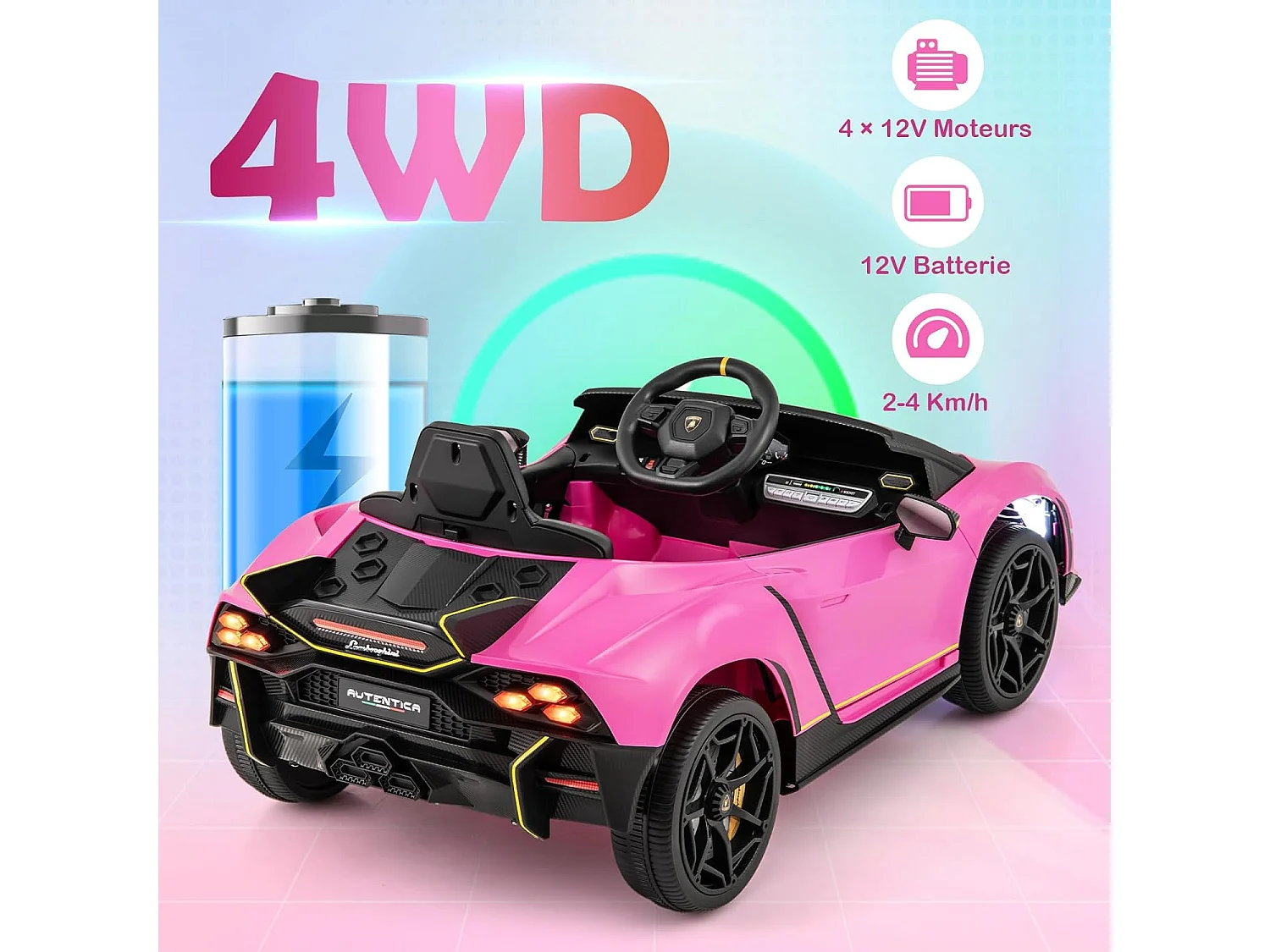 12V Lamborghini Voiture Électrique Enfants avec Télécommande & Portes Hydrauliques, Véhicule Électrique avec LED & Musique, 2-4km/h, Max 30kg pour 3-8 Ans (Rose)