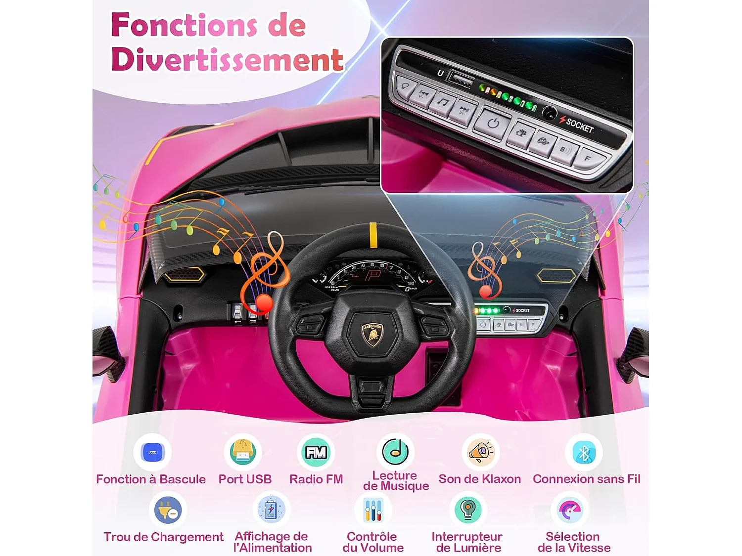 12V Lamborghini Voiture Électrique Enfants avec Télécommande & Portes Hydrauliques, Véhicule Électrique avec LED & Musique, 2-4km/h, Max 30kg pour 3-8 Ans (Rose)