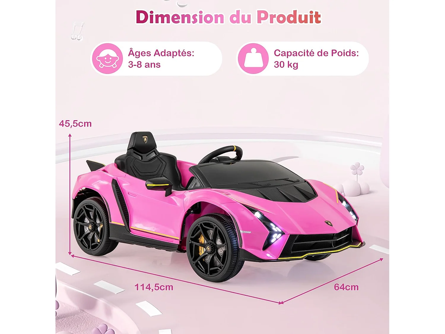 12V Lamborghini Voiture Électrique Enfants avec Télécommande & Portes Hydrauliques, Véhicule Électrique avec LED & Musique, 2-4km/h, Max 30kg pour 3-8 Ans (Rose)