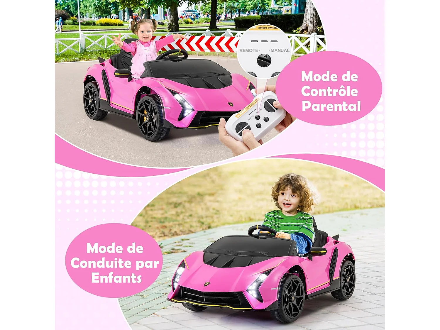 12V Lamborghini Voiture Électrique Enfants avec Télécommande & Portes Hydrauliques, Véhicule Électrique avec LED & Musique, 2-4km/h, Max 30kg pour 3-8 Ans (Rose)
