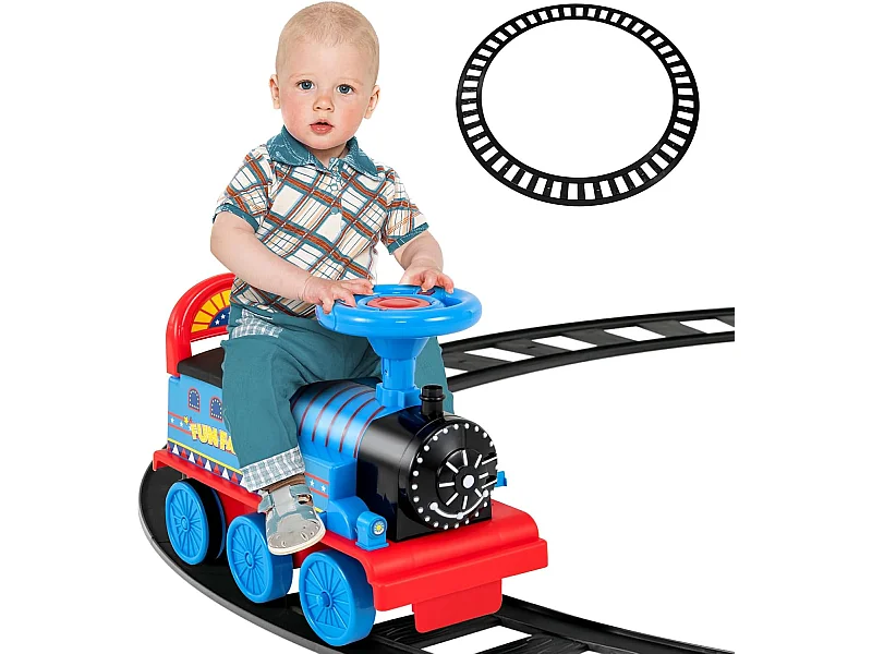 Train Porteur Electrique Enfants avec 16 Pièces de Rails, Voiture Porteur en Forme Lion avec Lumières & Sons, Charge 25kg pour Enfants de 3 Ans+