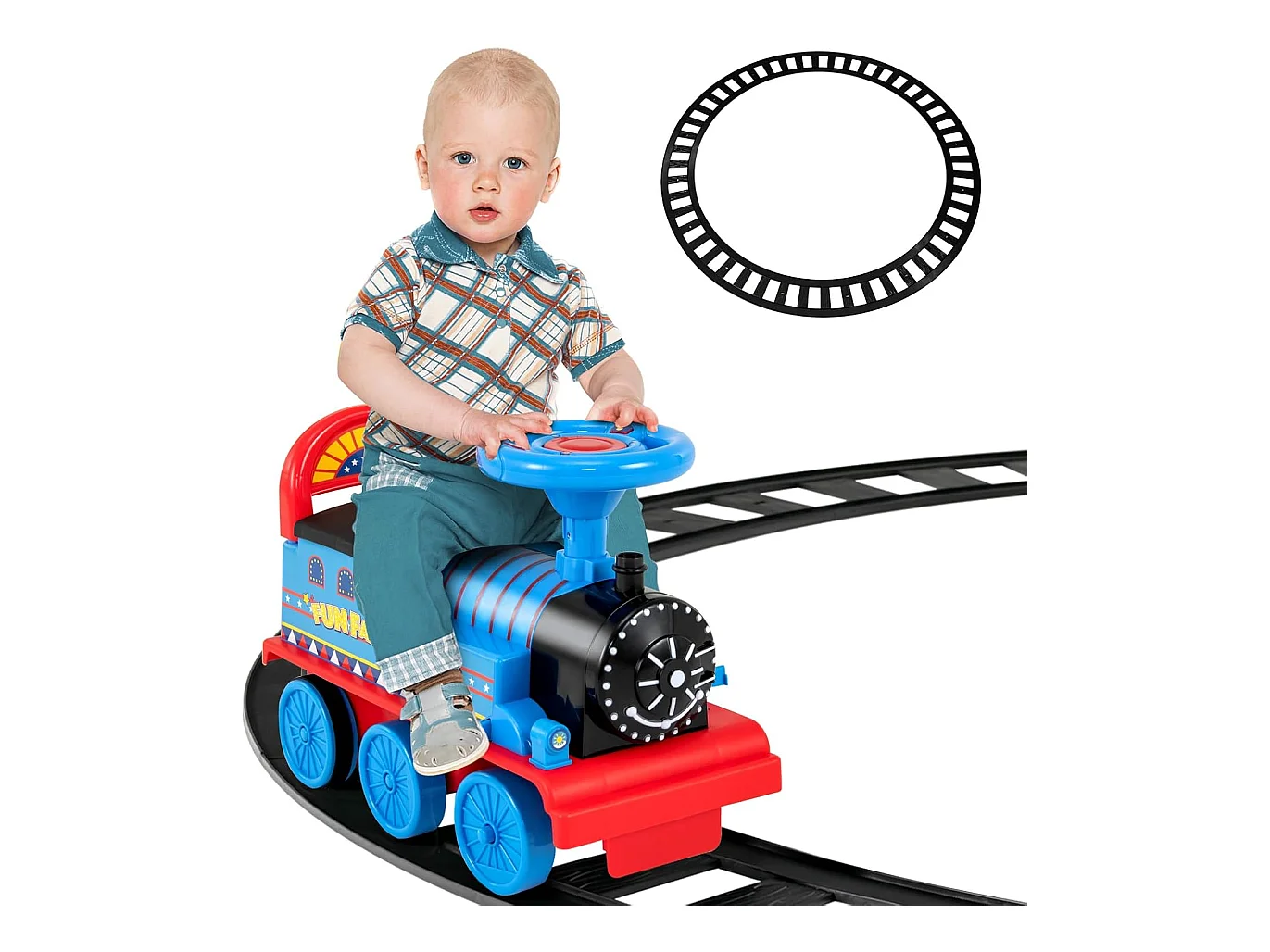 Train Porteur Electrique Enfants avec 16 Pièces de Rails, Voiture Porteur en Forme Lion avec Lumières & Sons, Charge 25kg pour Enfants de 3 Ans+