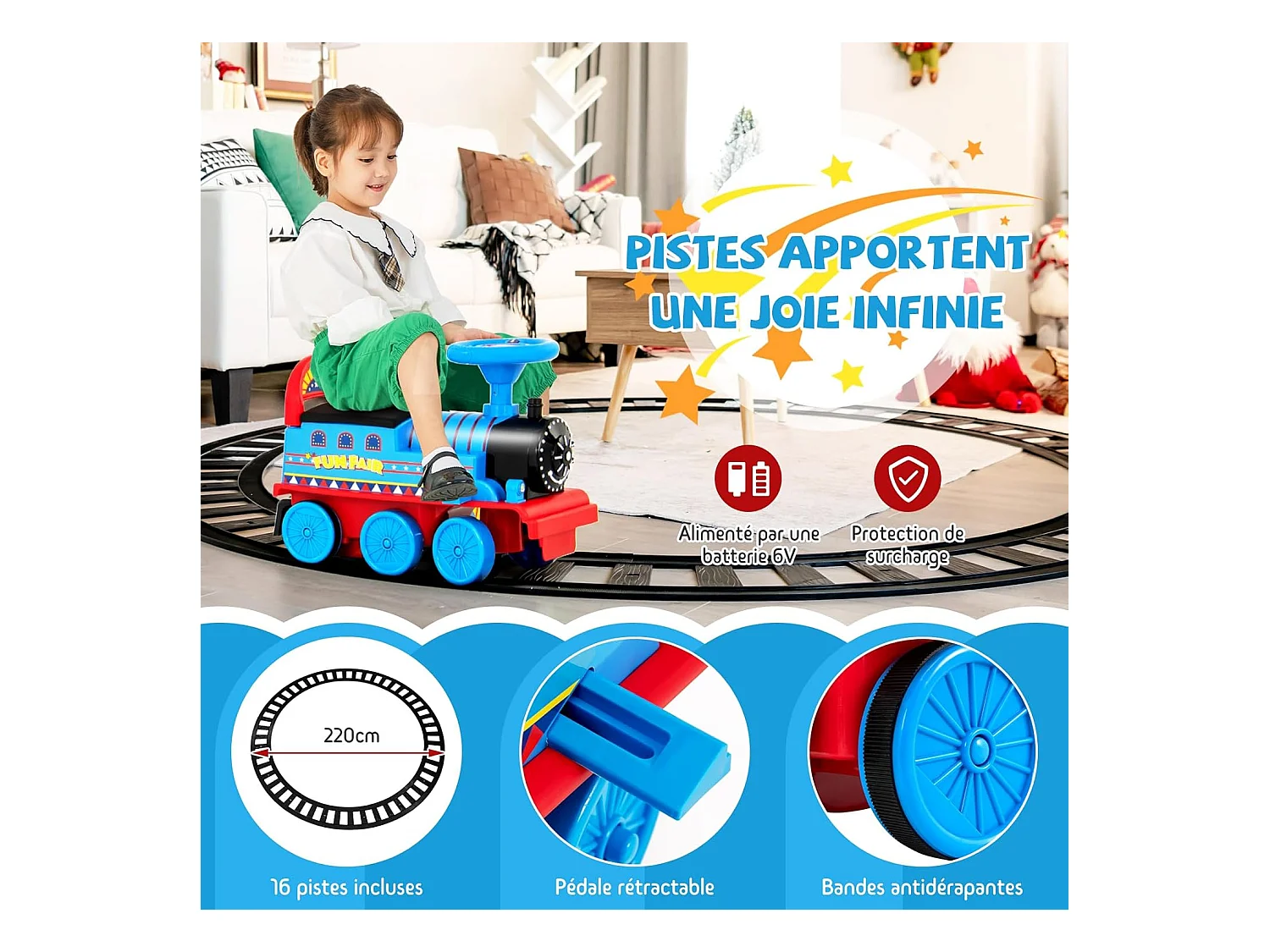 Train Porteur Electrique Enfants avec 16 Pièces de Rails, Voiture Porteur en Forme Lion avec Lumières & Sons, Charge 25kg pour Enfants de 3 Ans+