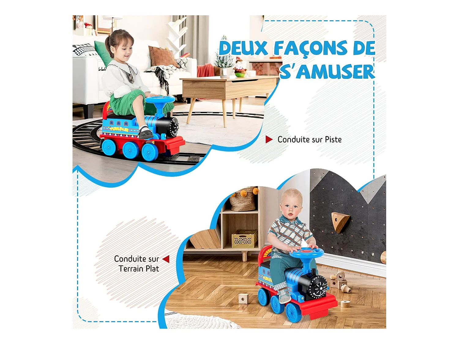 Train Porteur Electrique Enfants avec 16 Pièces de Rails, Voiture Porteur en Forme Lion avec Lumières & Sons, Charge 25kg pour Enfants de 3 Ans+