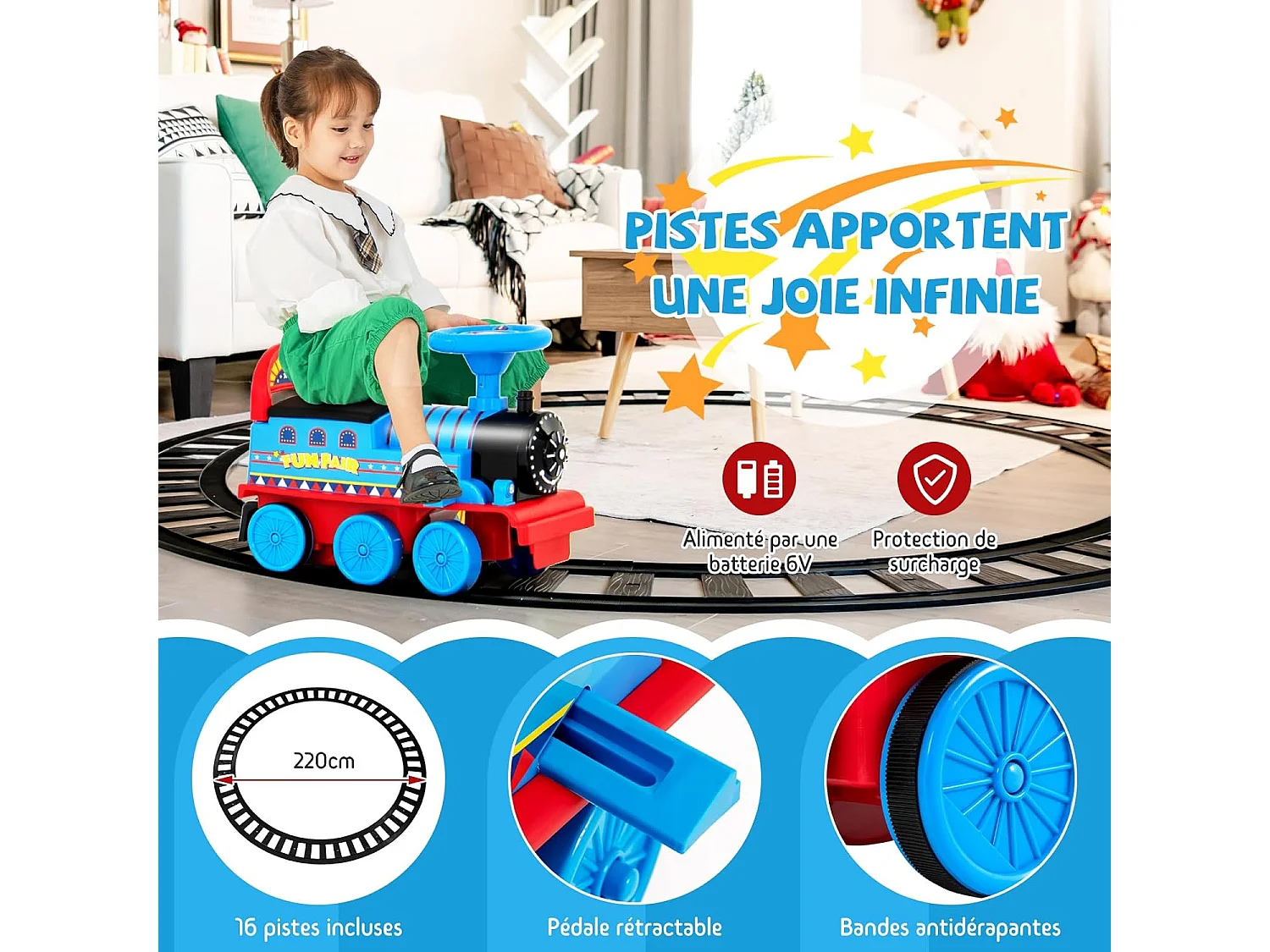 Train Porteur Electrique Enfants avec 16 Pièces de Rails, Voiture Porteur en Forme Lion avec Lumières & Sons, Charge 25kg pour Enfants de 3 Ans+