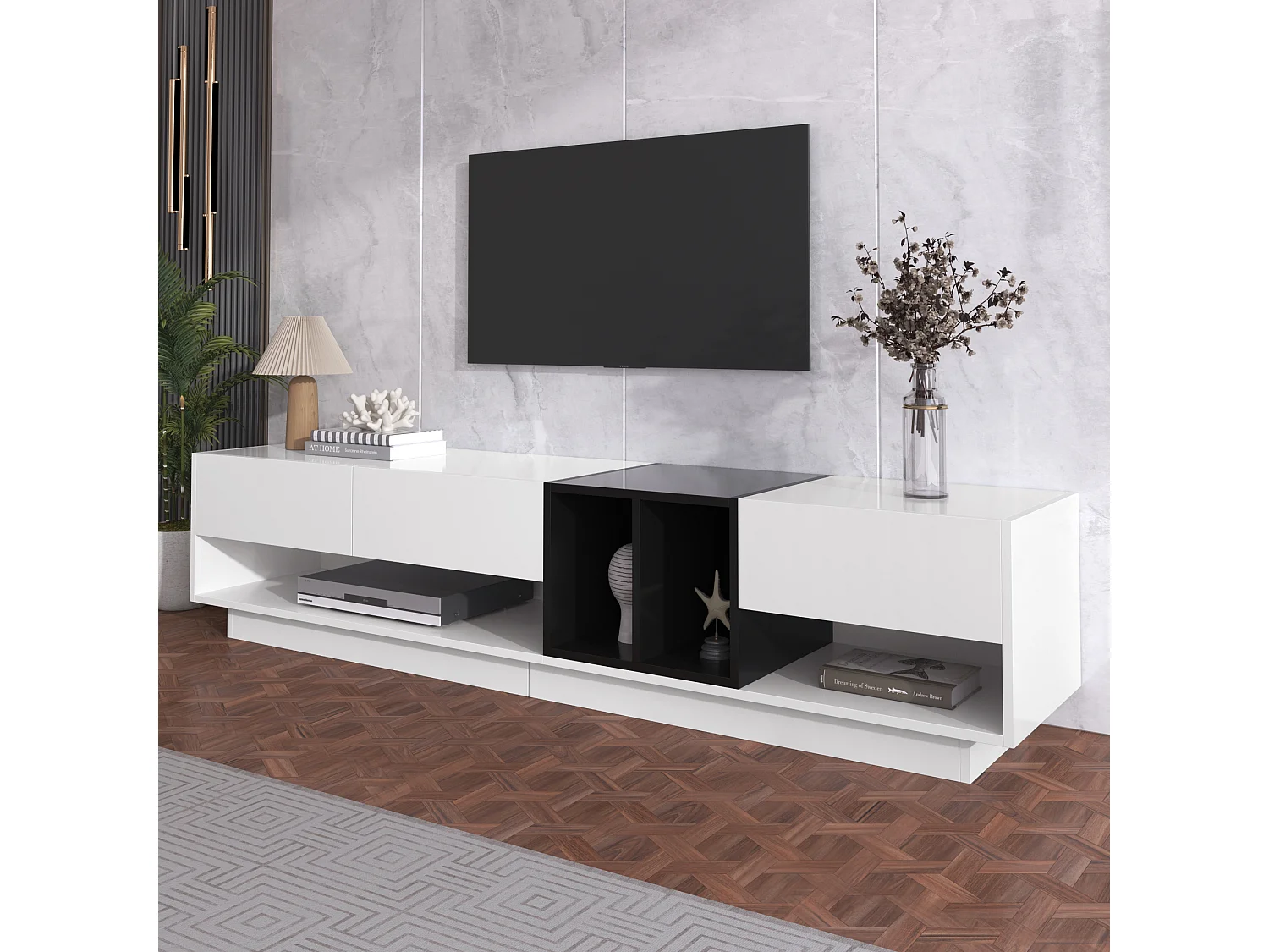 Móvel de TV, móvel baixo, combinação em branco brilhante e preto. Design em blocos de cores, gavetas, compartimentos, diversos espaços de armazenamento.