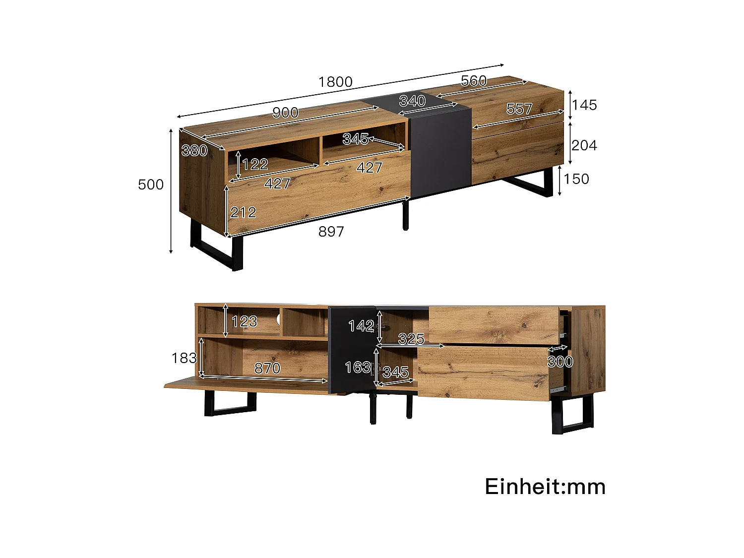 Meuble TV moderne color-block avec grain de bois 180 cm