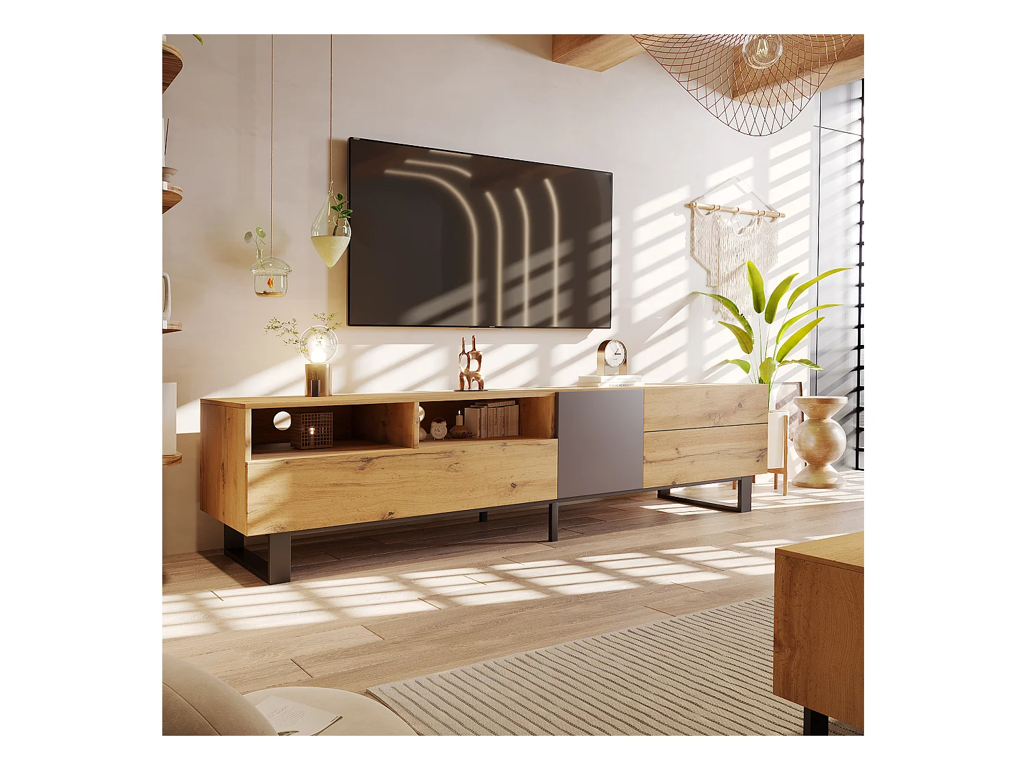 Meuble TV moderne color-block avec grain de bois 180 cm