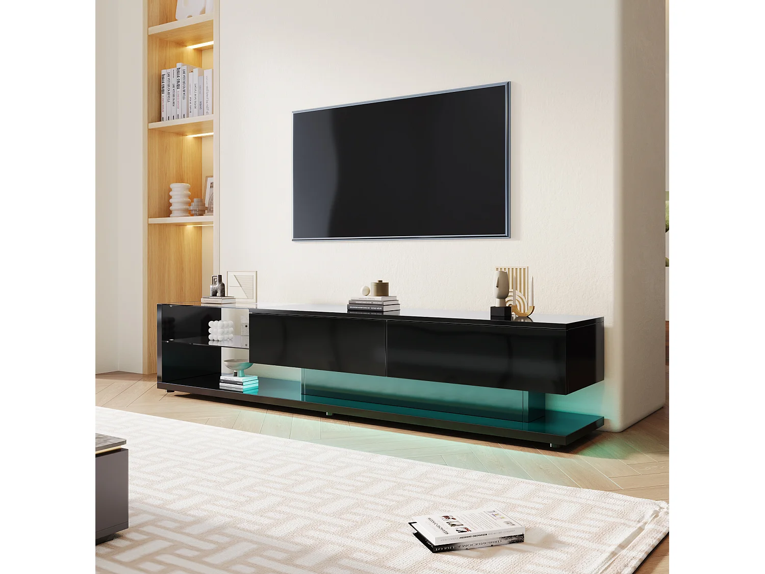 Meubles TV, buffets bas, meubles de salon brillants. Cloisons vitrées et éclairage LED variable. Il combine un style naturel et rustique avec un design moderne.
