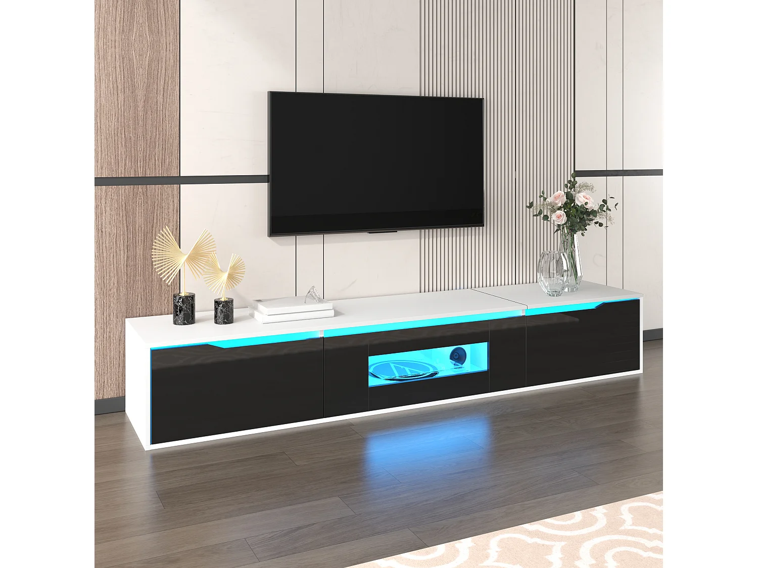 Soporte para TV, mueble para TV de alto brillo, en blanco y negro a juego, con iluminación LED que cambia de color.