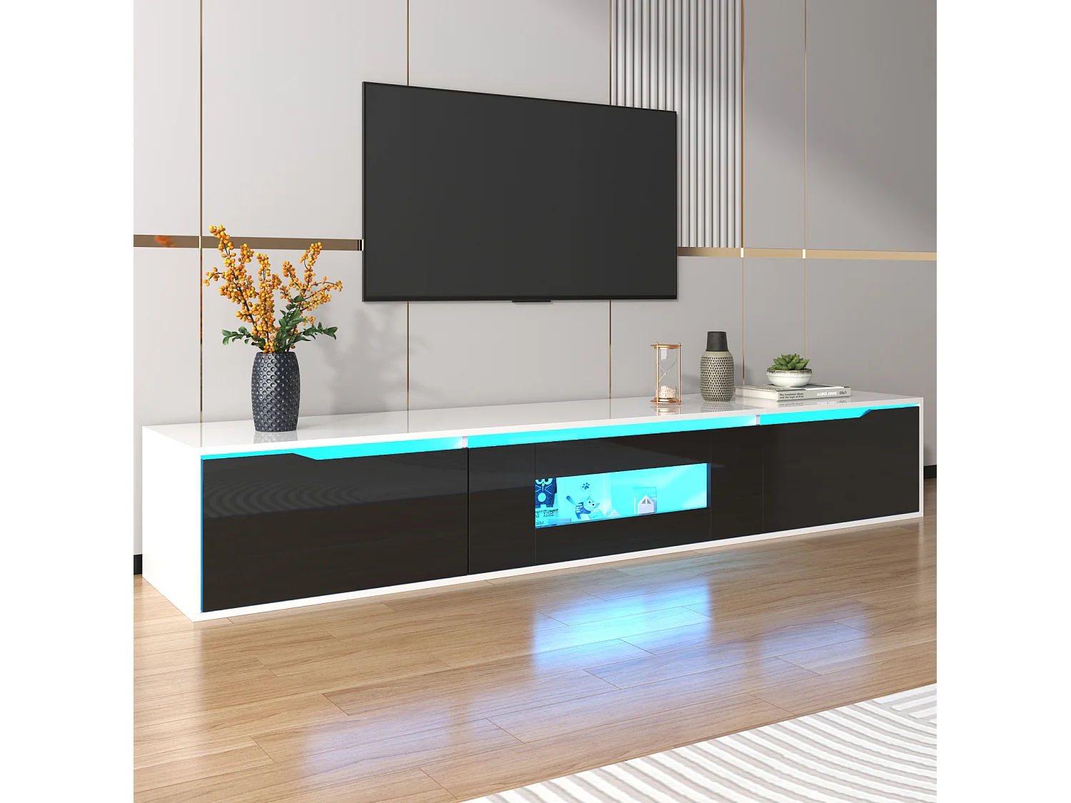 Suporte para TV com acabamento brilhante, em preto e branco, com iluminação LED de mudança de cor.