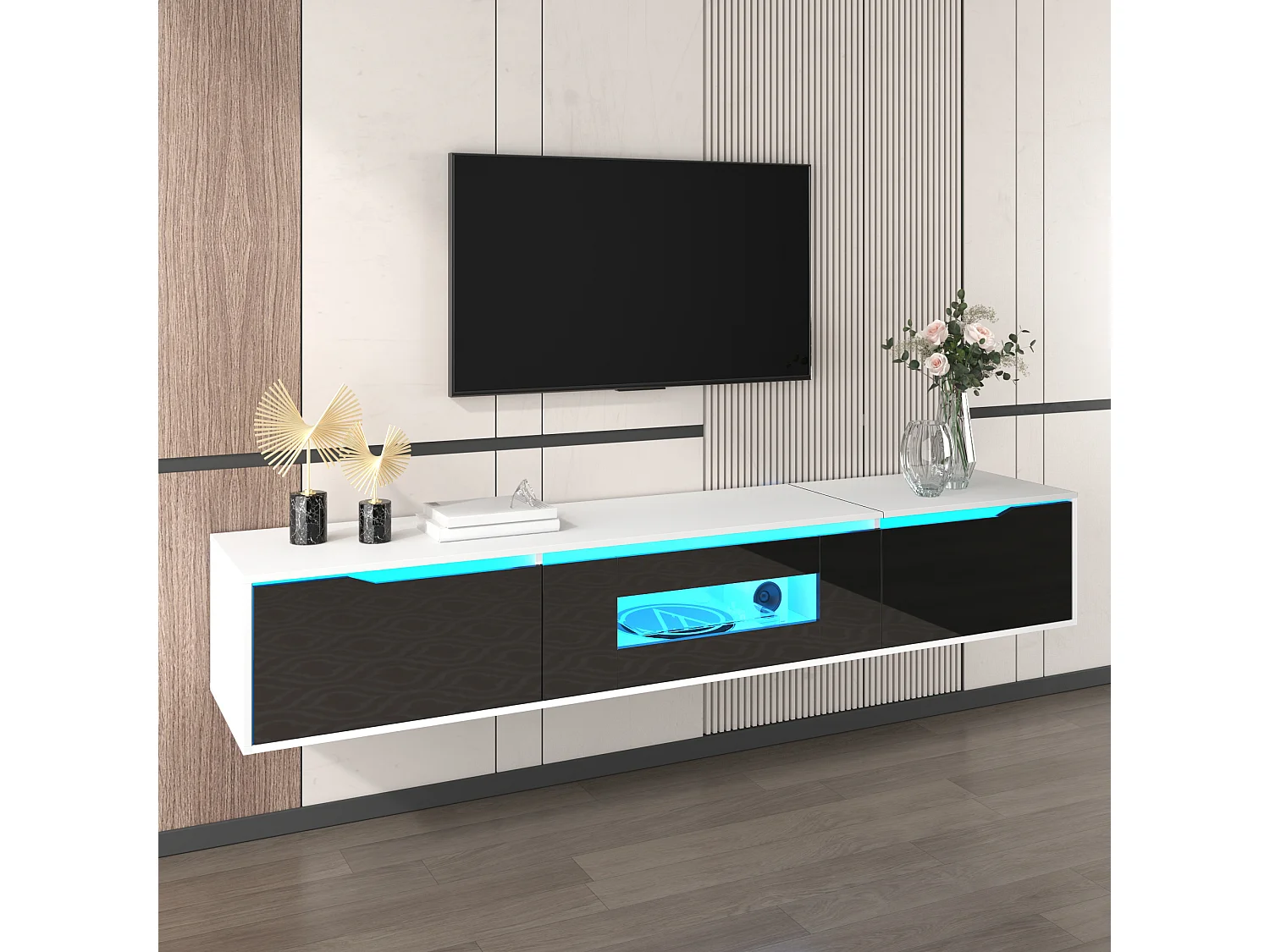 Suporte para TV com acabamento brilhante, em preto e branco, com iluminação LED de mudança de cor.