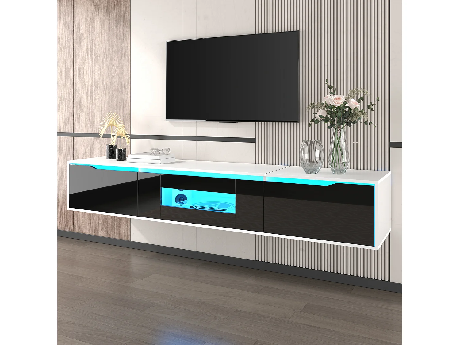Suporte para TV com acabamento brilhante, em preto e branco, com iluminação LED de mudança de cor.
