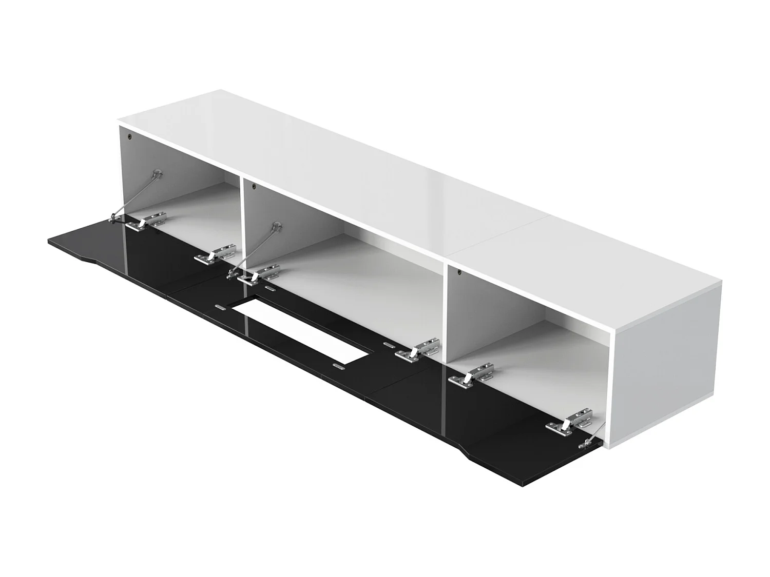 Suporte para TV com acabamento brilhante, em preto e branco, com iluminação LED de mudança de cor.