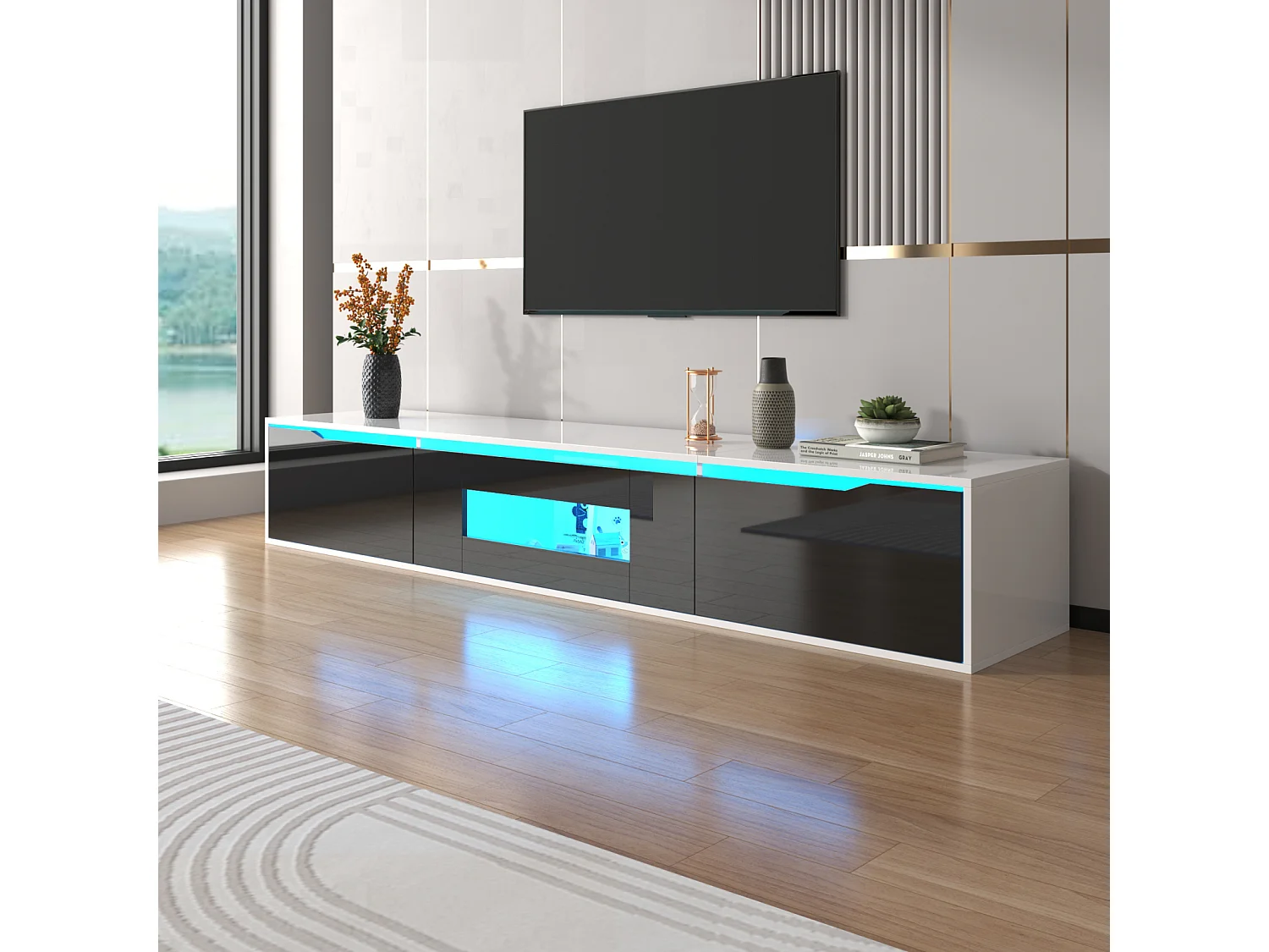 Suporte para TV com acabamento brilhante, em preto e branco, com iluminação LED de mudança de cor.