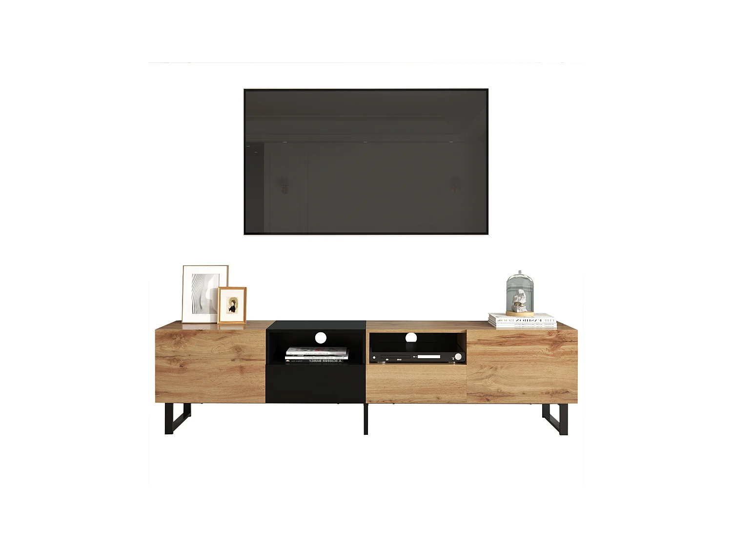Moderno mueble de TV en diseño negro y madera: amplio espacio de almacenamiento, construcción robusta