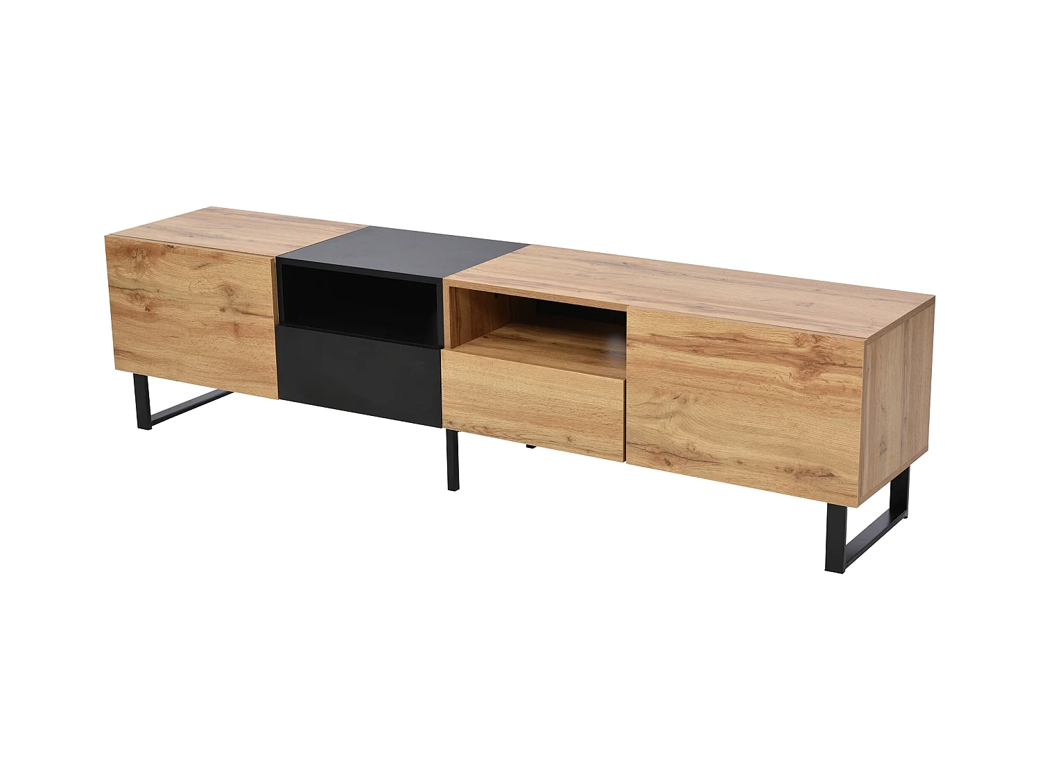 Moderno mueble de TV en diseño negro y madera: amplio espacio de almacenamiento, construcción robusta