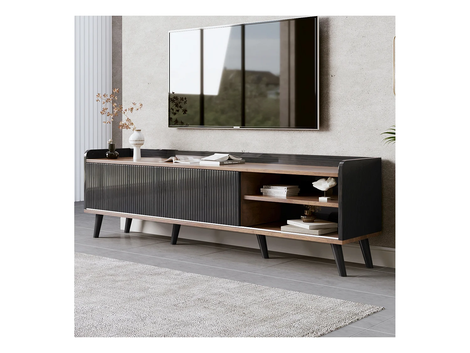 Meuble TV avec deux tiroirs, table TV, meuble TV,panneau bas avec deux portes coulissantes. Texture exquise. Couleur bois noir et naturel. H58/L160/P40 cm