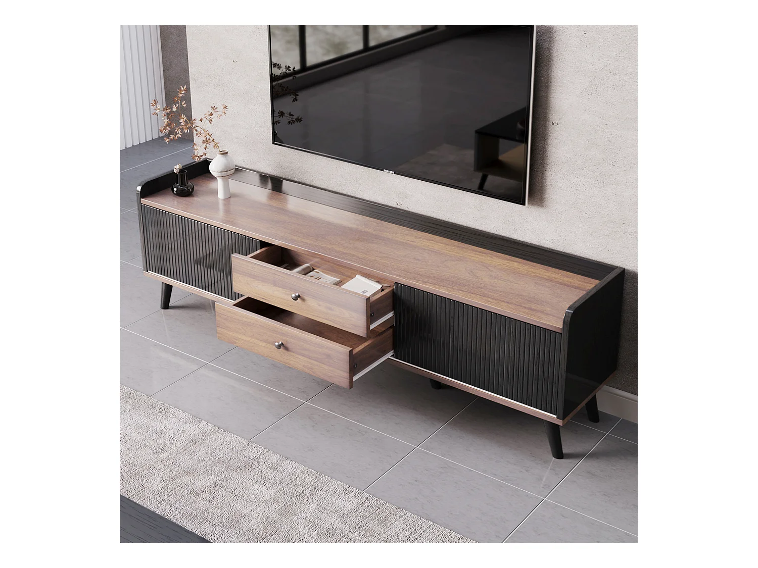 Meuble TV avec deux tiroirs, table TV, meuble TV,panneau bas avec deux portes coulissantes. Texture exquise. Couleur bois noir et naturel. H58/L160/P40 cm