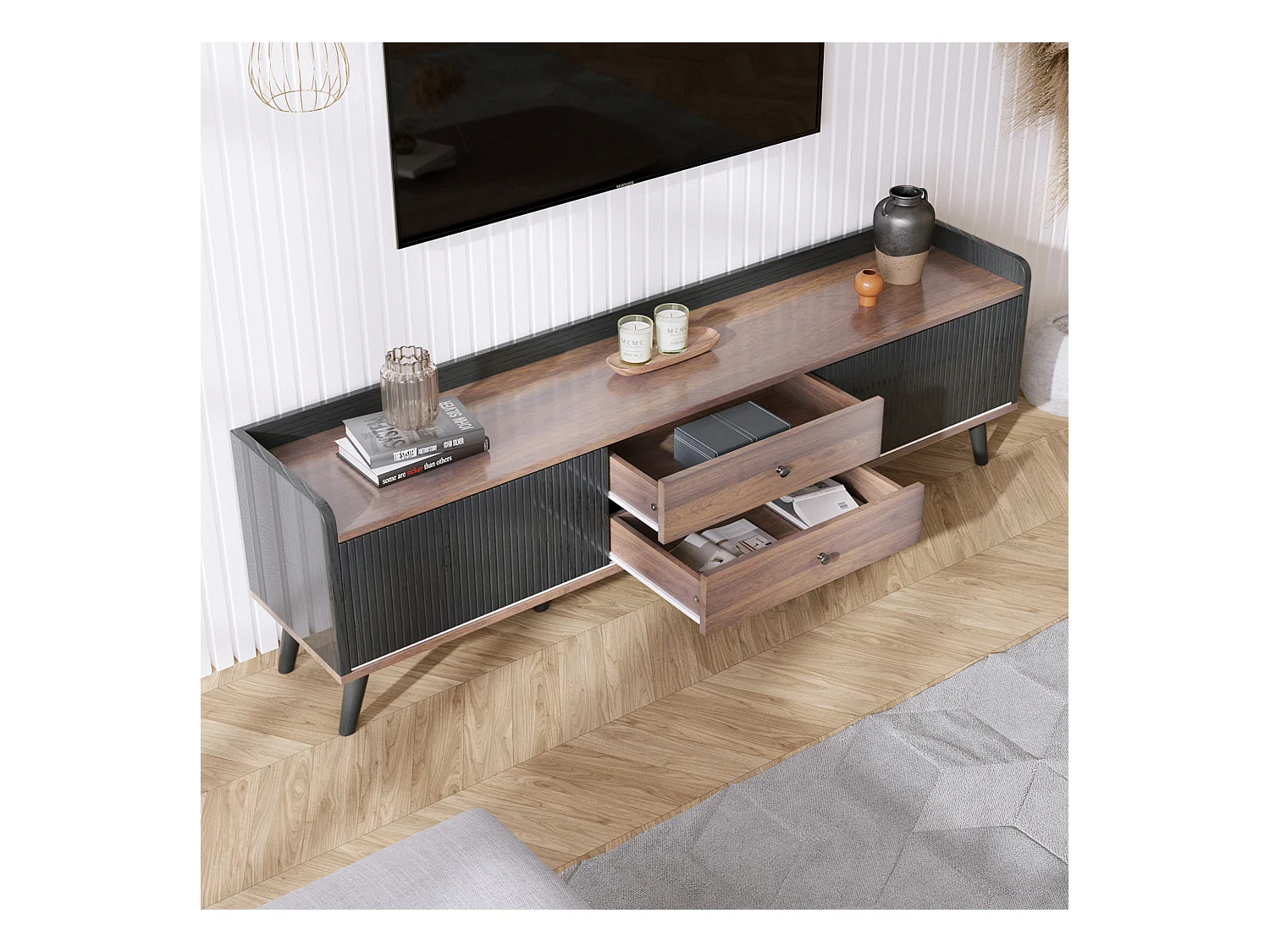 Meuble TV avec deux tiroirs, table TV, meuble TV,panneau bas avec deux portes coulissantes. Texture exquise. Couleur bois noir et naturel. H58/L160/P40 cm