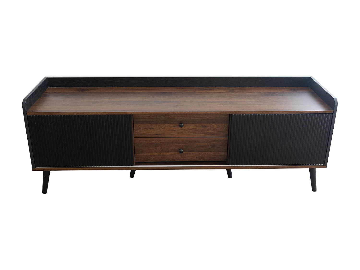 Móvel de TV com duas gavetas, mesa de TV, suporte de TV, painel baixo com duas portas de correr. Textura requintada. Preto e cor de madeira natural. A58/L160/P40 cm