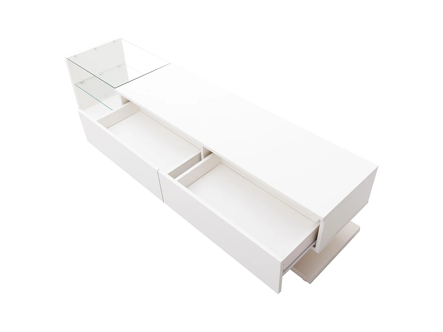 Meubles TV, panneaux bas, cloisons en verre blanc brillant et éclairage LED variable. Il combine un style naturel et rustique avec un design moderne.