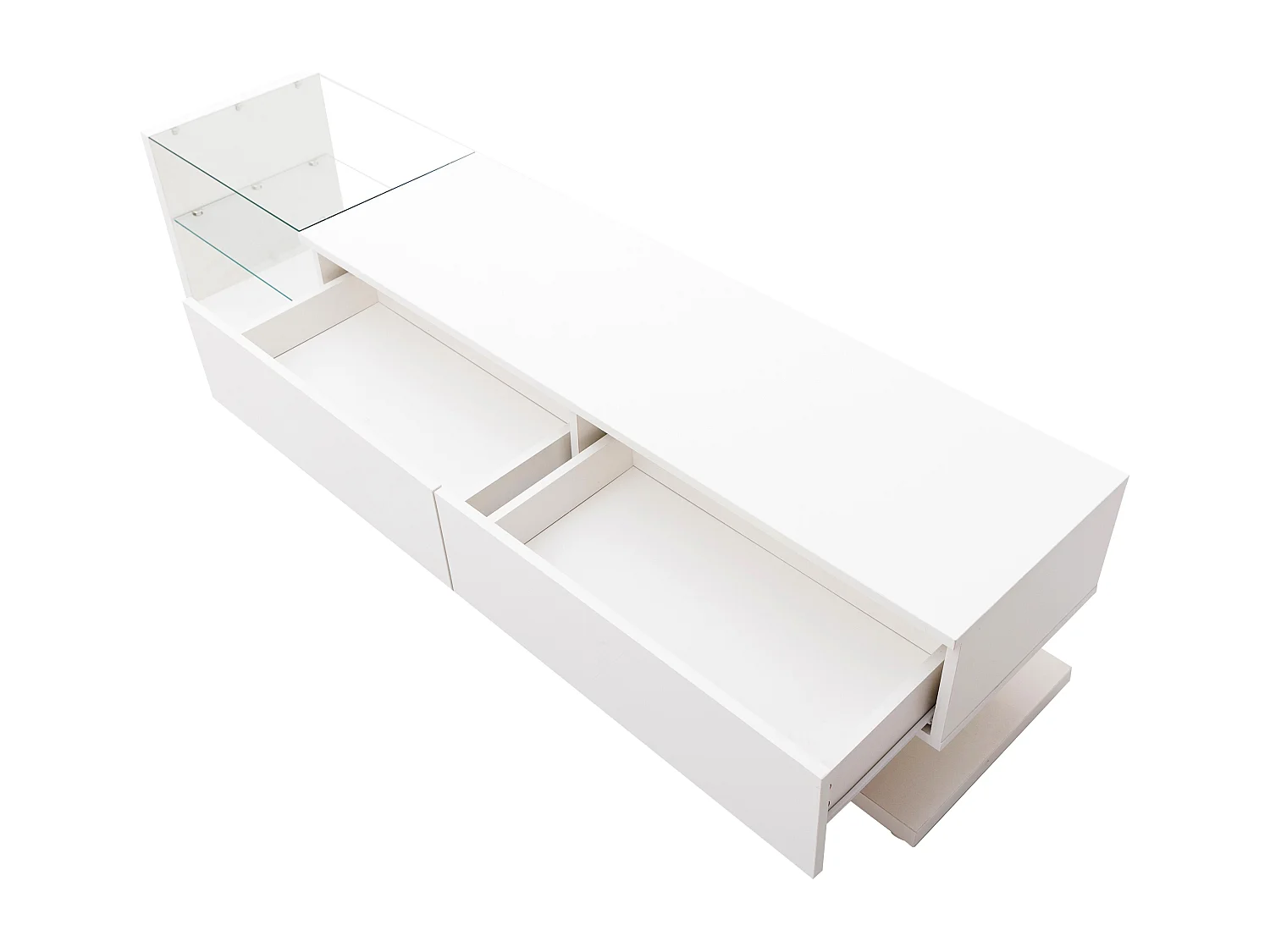 Meubles TV, panneaux bas, cloisons en verre blanc brillant et éclairage LED variable. Il combine un style naturel et rustique avec un design moderne.