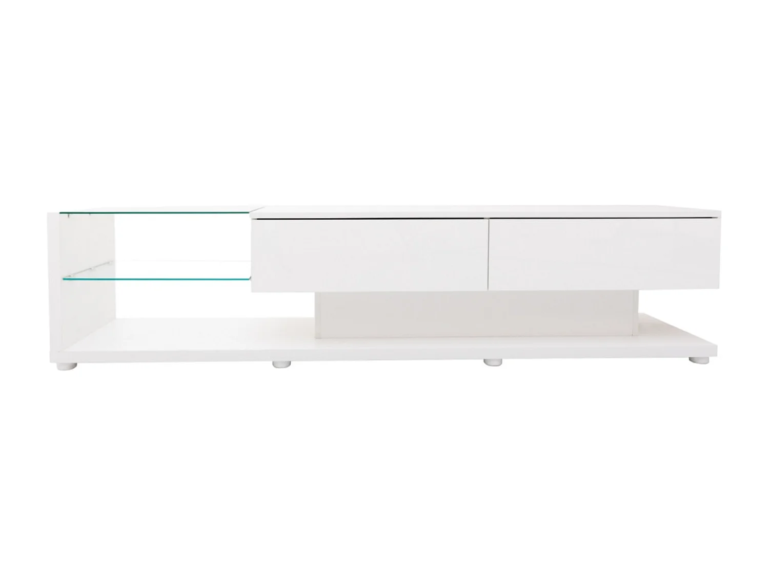 Meubles TV, panneaux bas, cloisons en verre blanc brillant et éclairage LED variable. Il combine un style naturel et rustique avec un design moderne.