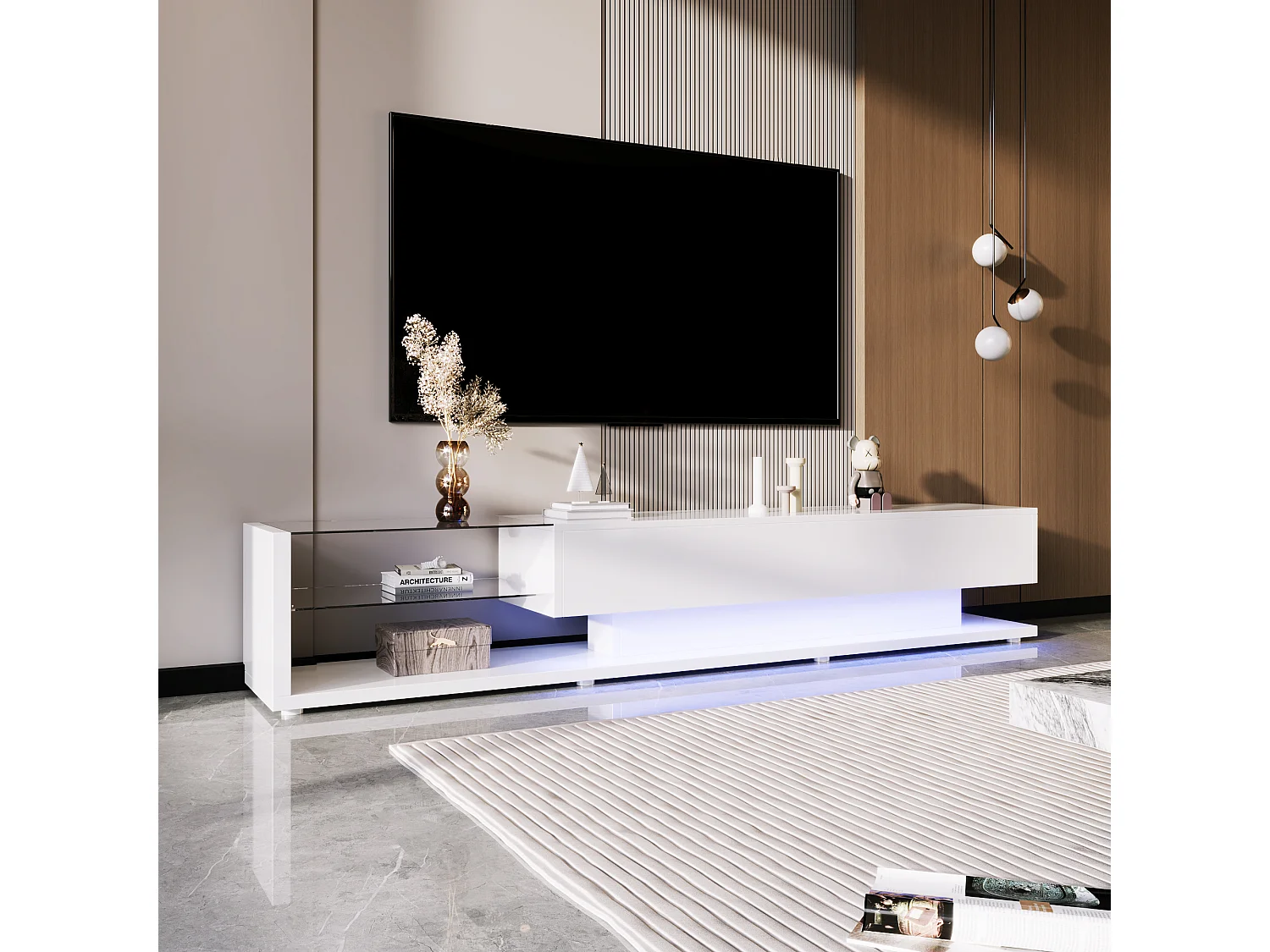 Meubles TV, panneaux bas, cloisons en verre blanc brillant et éclairage LED variable. Il combine un style naturel et rustique avec un design moderne.