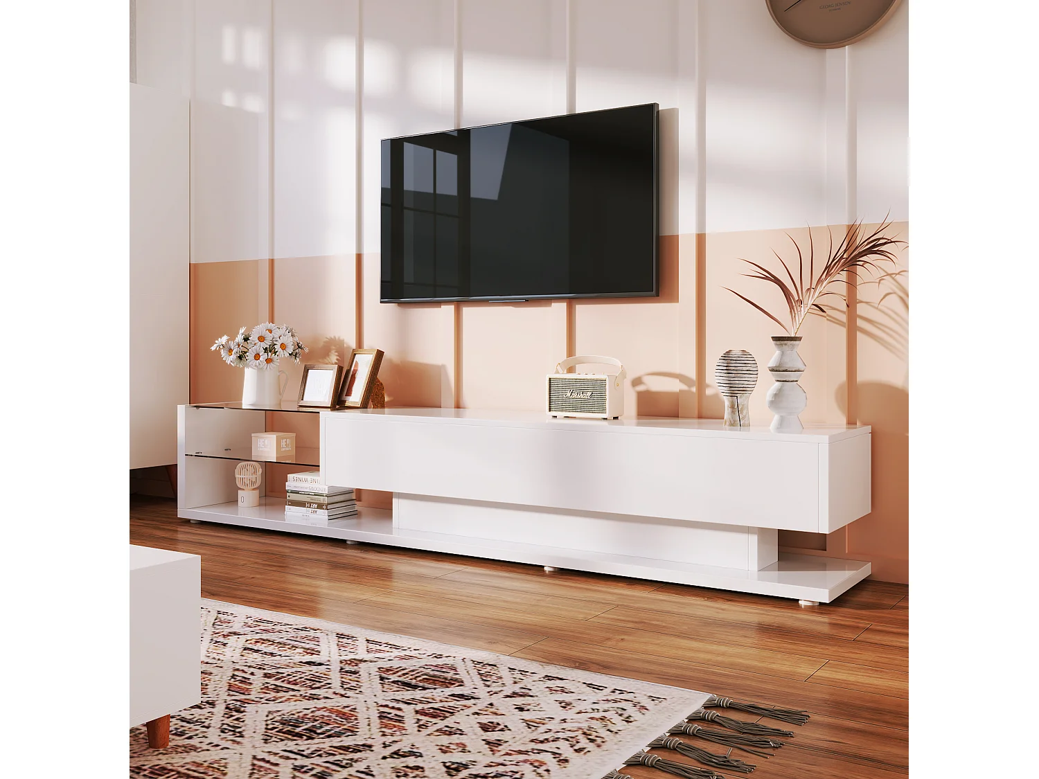Meubles TV, panneaux bas, cloisons en verre blanc brillant et éclairage LED variable. Il combine un style naturel et rustique avec un design moderne.