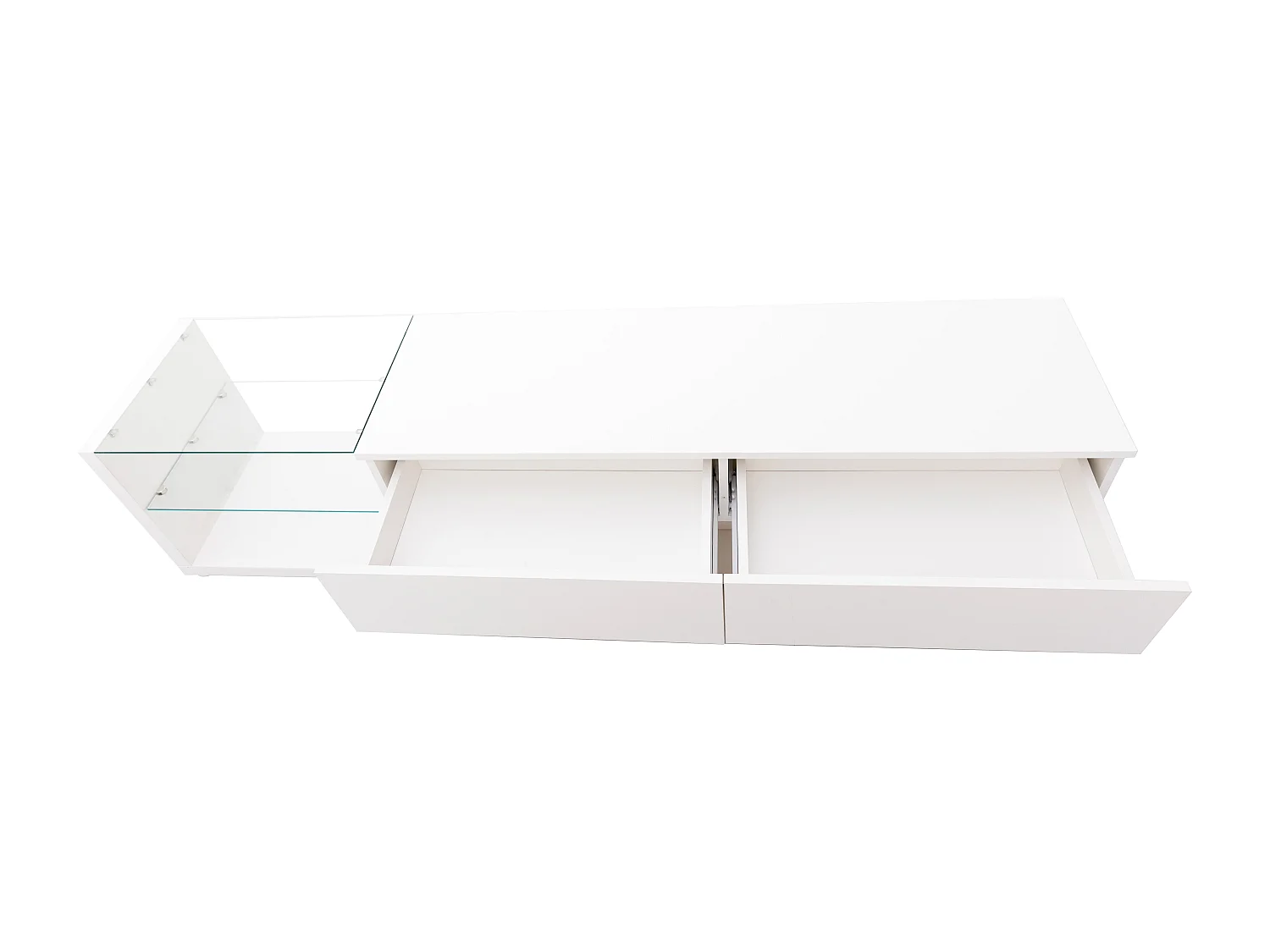 Meubles TV, panneaux bas, cloisons en verre blanc brillant et éclairage LED variable. Il combine un style naturel et rustique avec un design moderne.