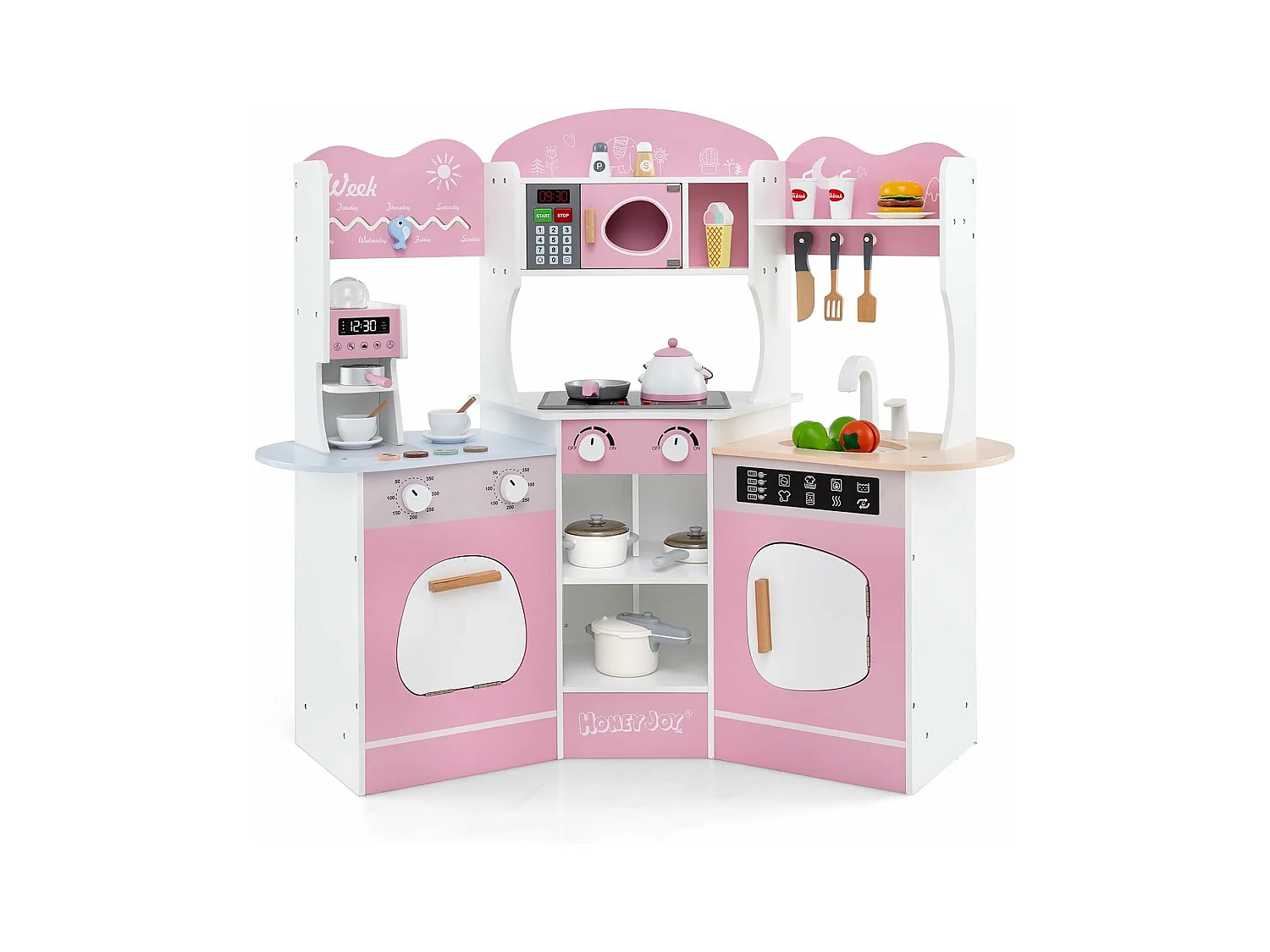 Cuisine Enfants en Bois avec 18 Accessoires, Cuisine d’Angle Enfants avec Micro-Ondes & Étagères, Lumières et Sons, Jouet d’Imitation pour 3 Ans+ (Rose)