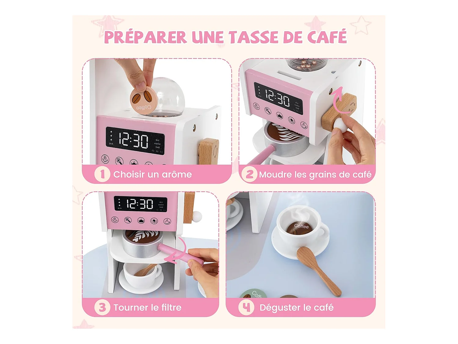 Cuisine Enfants en Bois avec 18 Accessoires, Cuisine d’Angle Enfants avec Micro-Ondes & Étagères, Lumières et Sons, Jouet d’Imitation pour 3 Ans+ (Rose)