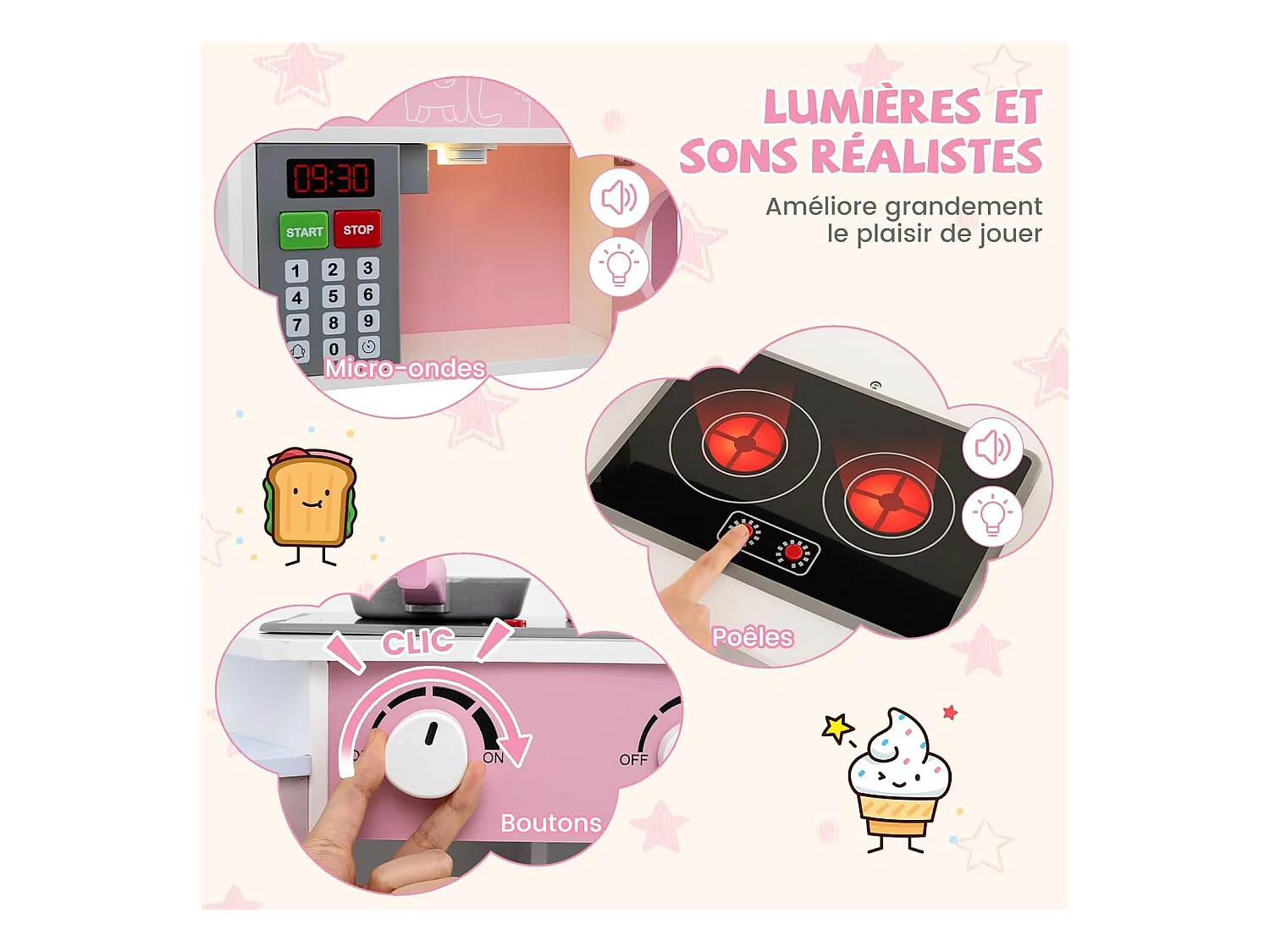 Cuisine Enfants en Bois avec 18 Accessoires, Cuisine d’Angle Enfants avec Micro-Ondes & Étagères, Lumières et Sons, Jouet d’Imitation pour 3 Ans+ (Rose)