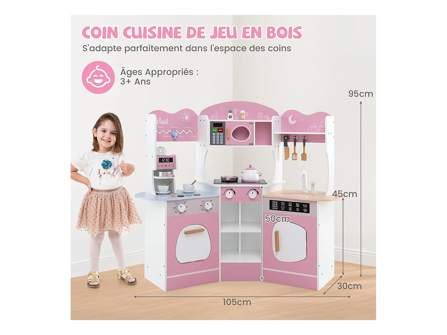 Cuisine Enfants en Bois avec 18 Accessoires, Cuisine d’Angle Enfants avec Micro-Ondes & Étagères, Lumières et Sons, Jouet d’Imitation pour 3 Ans+ (Rose)