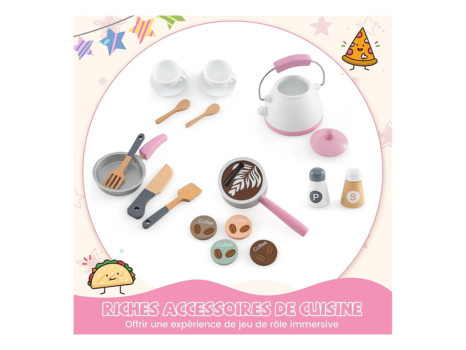 Cuisine Enfants en Bois avec 18 Accessoires, Cuisine d’Angle Enfants avec Micro-Ondes & Étagères, Lumières et Sons, Jouet d’Imitation pour 3 Ans+ (Rose)