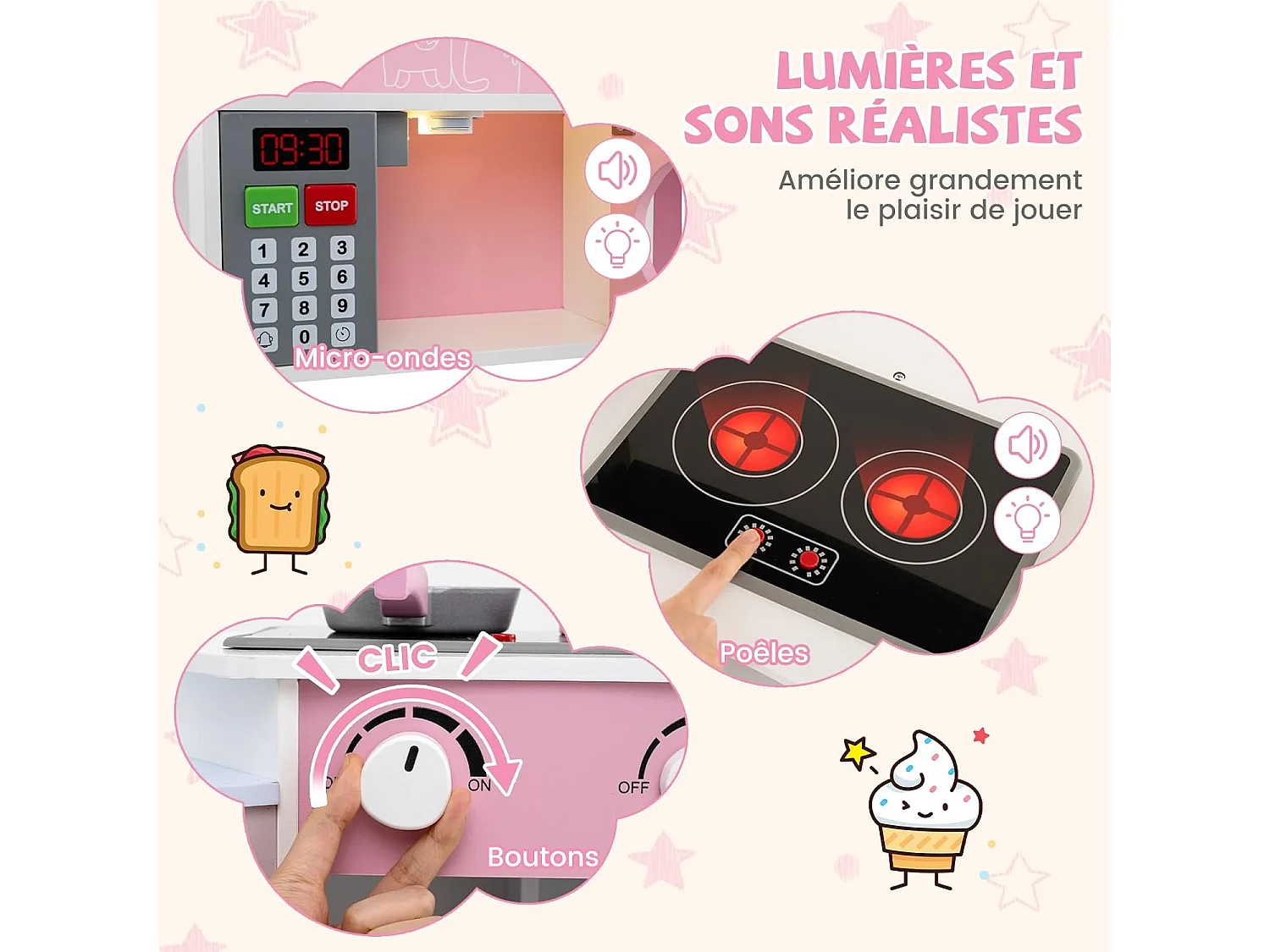 Cuisine Enfants en Bois avec 18 Accessoires, Cuisine d’Angle Enfants avec Micro-Ondes & Étagères, Lumières et Sons, Jouet d’Imitation pour 3 Ans+ (Rose)