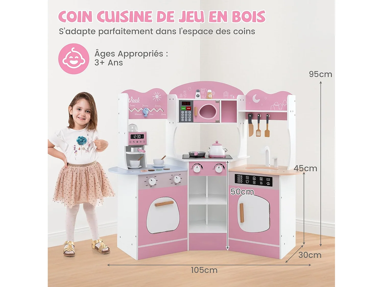 Cuisine Enfants en Bois avec 18 Accessoires, Cuisine d’Angle Enfants avec Micro-Ondes & Étagères, Lumières et Sons, Jouet d’Imitation pour 3 Ans+ (Rose)