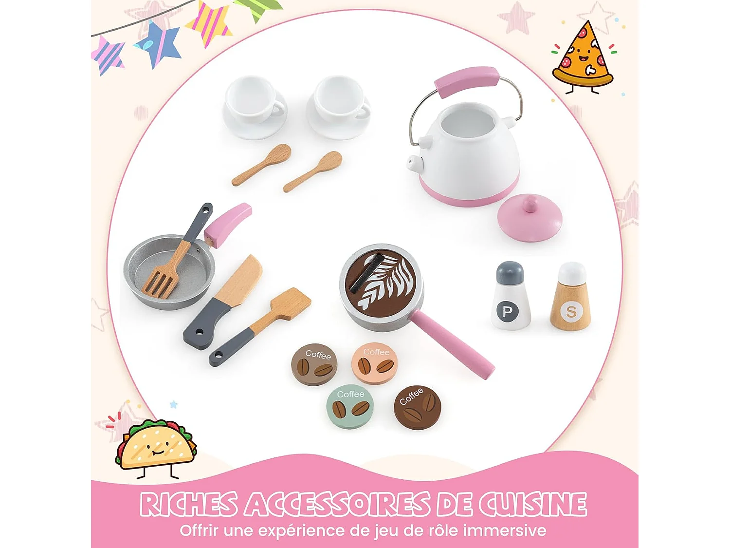 Cuisine Enfants en Bois avec 18 Accessoires, Cuisine d’Angle Enfants avec Micro-Ondes & Étagères, Lumières et Sons, Jouet d’Imitation pour 3 Ans+ (Rose)