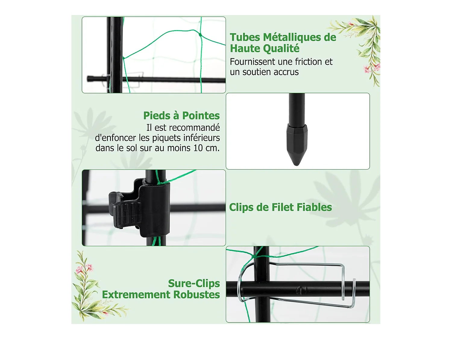 Treillis Arqué de Jardin pour Plantes Grimpantes 179 x 180 cm, Treillis en ‘U’ pour Jardin Surélevé avec Poteaux Métalliques, Cadre de Support pour Légumes Fleurs