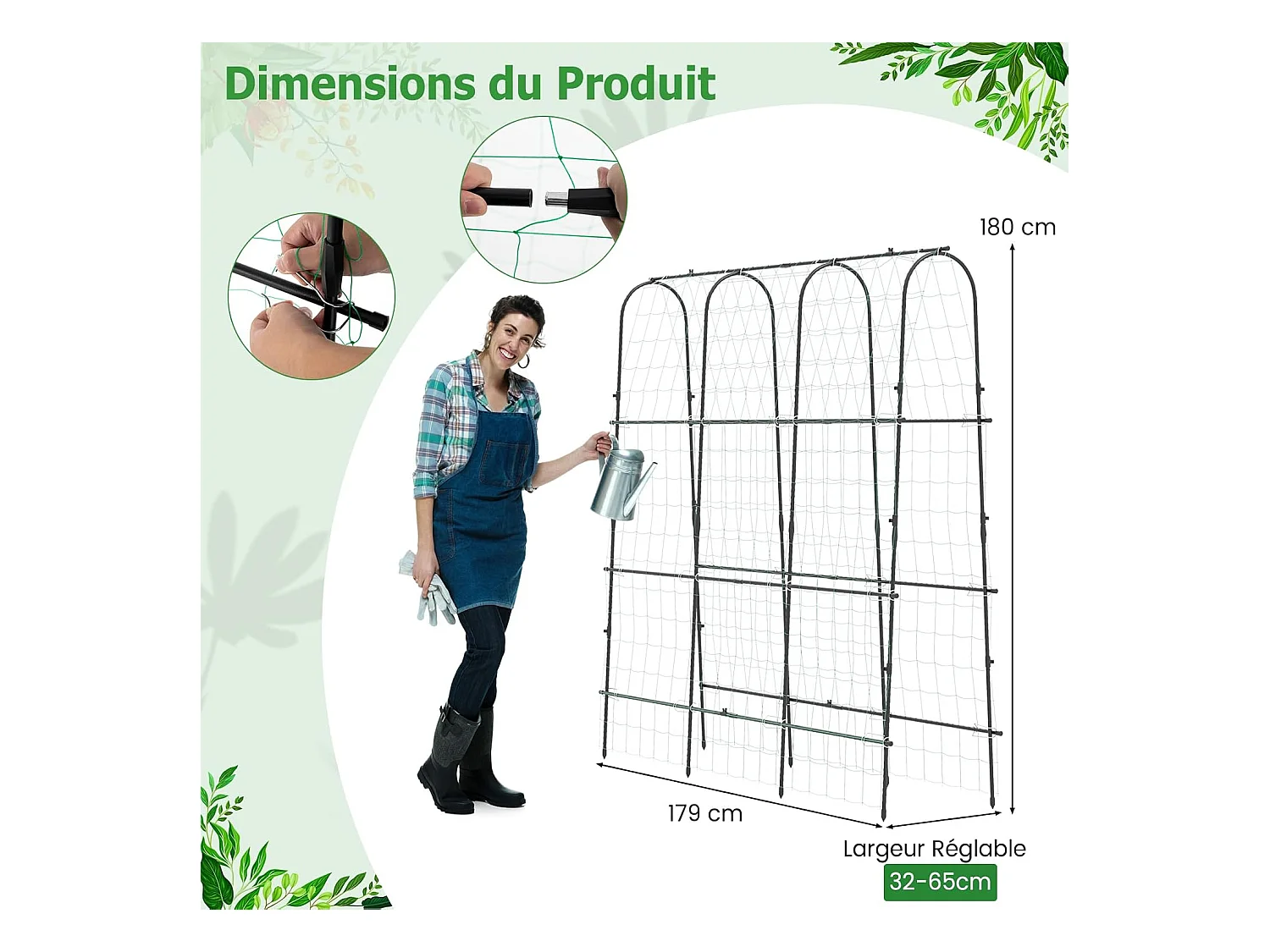 Treillis Arqué de Jardin pour Plantes Grimpantes 179 x 180 cm, Treillis en ‘U’ pour Jardin Surélevé avec Poteaux Métalliques, Cadre de Support pour Légumes Fleurs