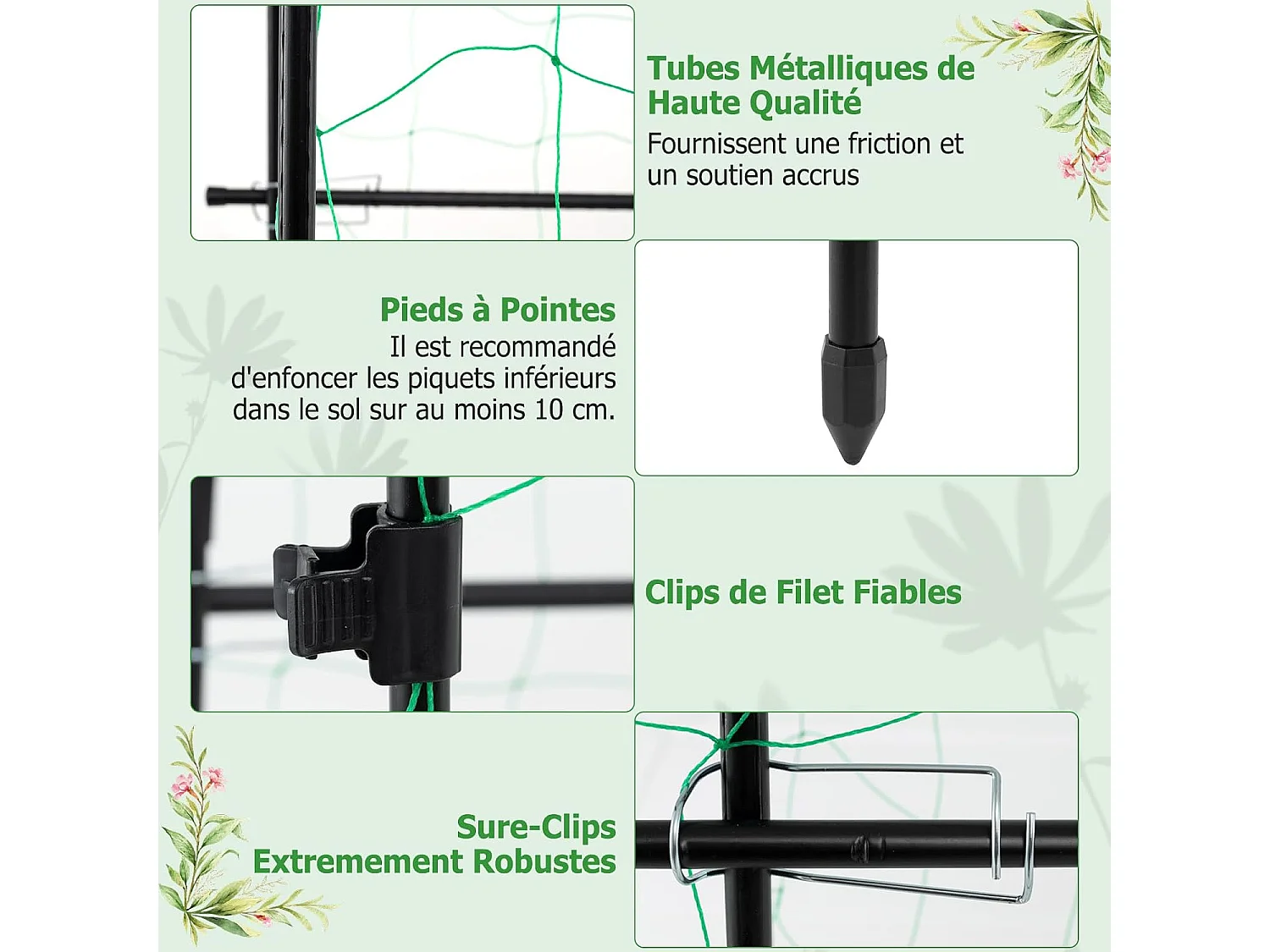 Treillis Arqué de Jardin pour Plantes Grimpantes 179 x 180 cm, Treillis en ‘U’ pour Jardin Surélevé avec Poteaux Métalliques, Cadre de Support pour Légumes Fleurs
