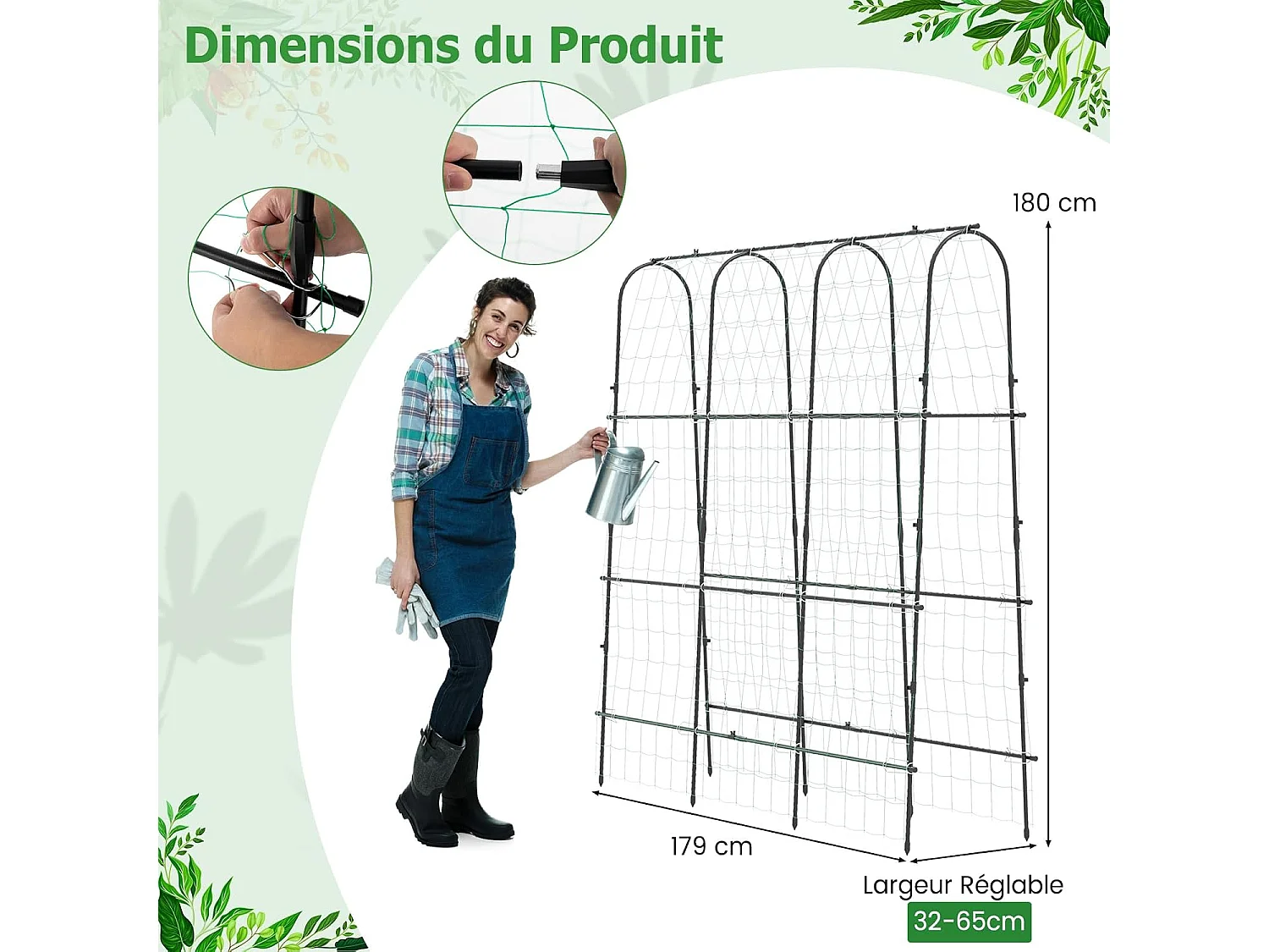 Treillis Arqué de Jardin pour Plantes Grimpantes 179 x 180 cm, Treillis en ‘U’ pour Jardin Surélevé avec Poteaux Métalliques, Cadre de Support pour Légumes Fleurs