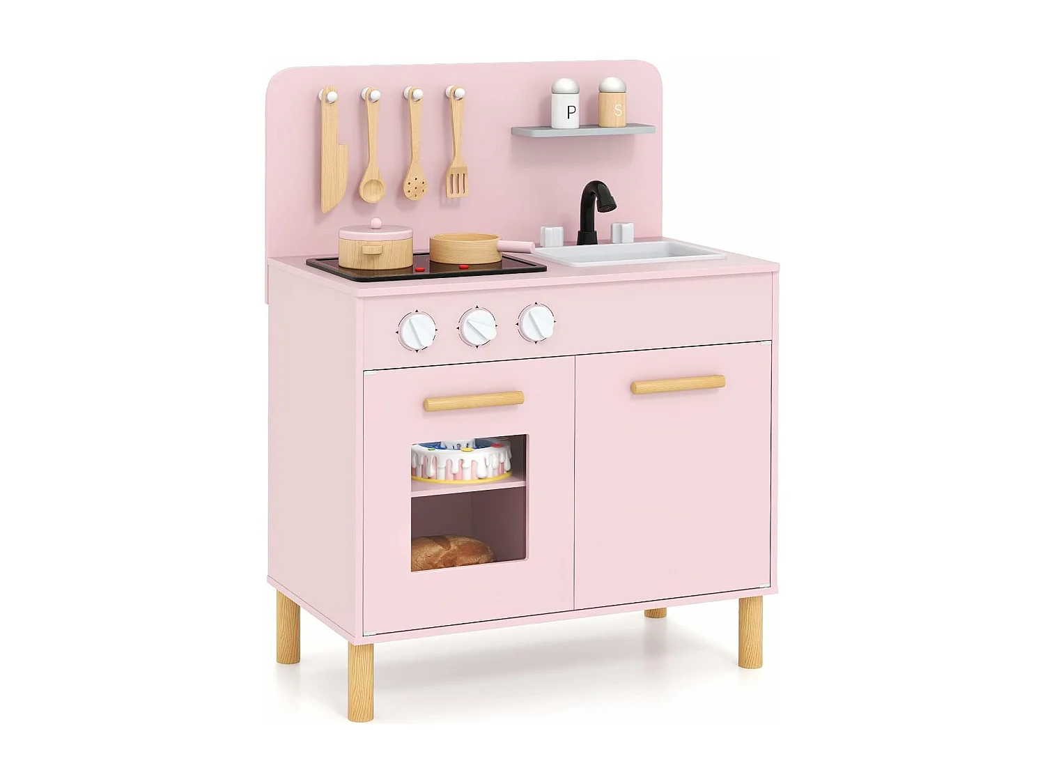 Cuisine Enfant en Bois avec Lumière & Son & 10 Accessoires, Jeu de Cuisine Enfant avec Évier Amovible & Poêles Double, Espace de Rangement, pour 3 Ans+ (Rose)